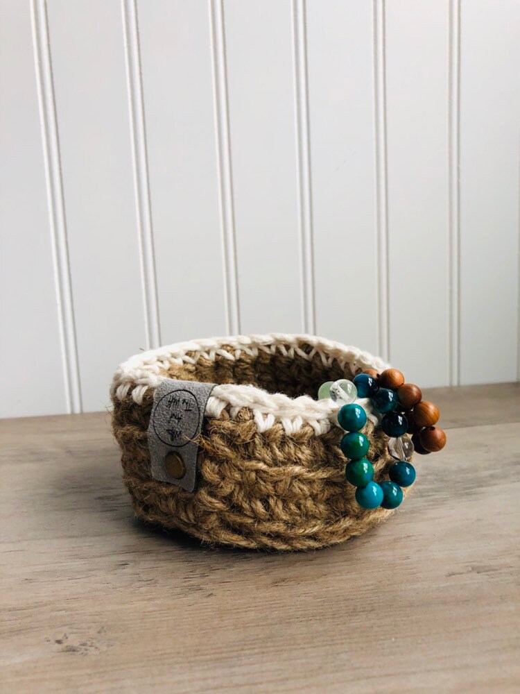 Jute and Cotton Crochet Basket | Trinket Holder | Nightstand Organization | New Home Gift | Farmhouse Decor | Boho Home Decor | Cottage Core