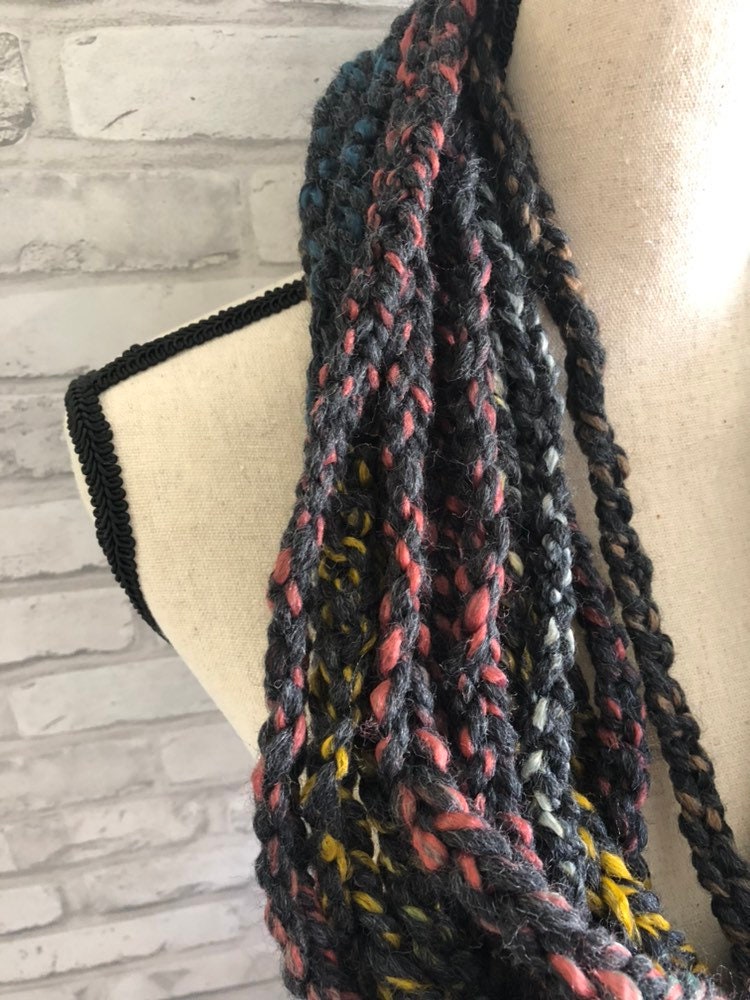 Black and multicolor Braided Scarf. Skinny Womens Scarf. Braided Chain Cowl. Black Womens Scarf.