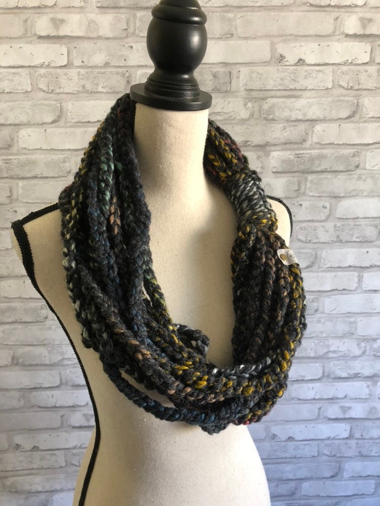 Black and multicolor Braided Scarf. Skinny Womens Scarf. Braided Chain Cowl. Black Womens Scarf.