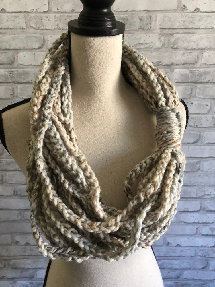 Knit Scarf. Cream Braided Chain Scarf. Neutral Braided Women's Scarf. Beige Chain Scarf. Cream, beige and grey neutral cowl.