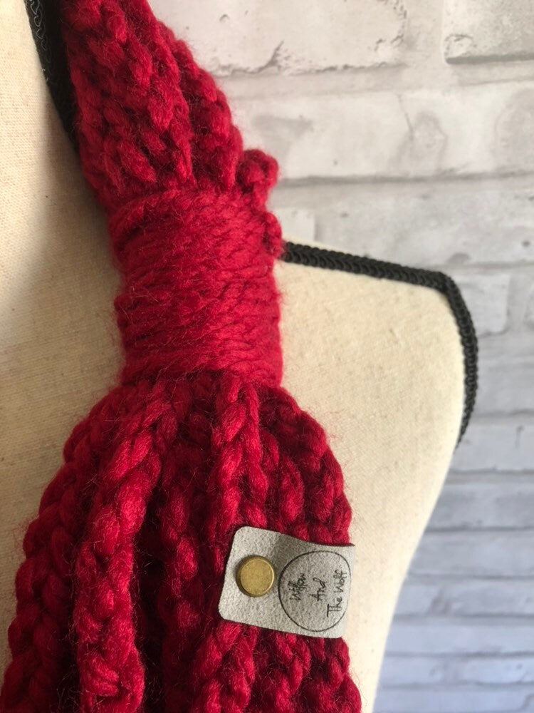 Cranberry Red Women's Braided Chain Scarf | Ruby Red Braided Cowl | Women's Crochet Accent Scarf | Valentines Day Scarf
