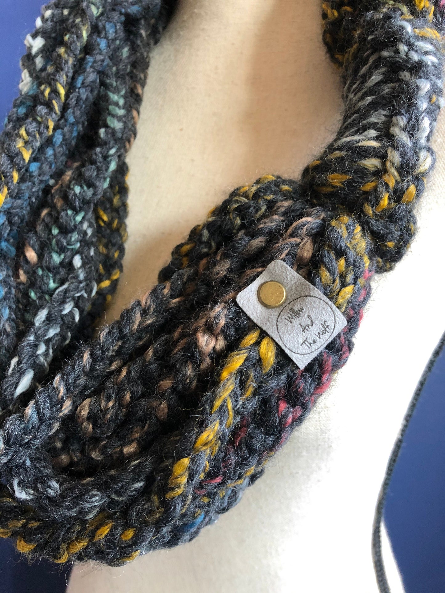 Black and multicolor Braided Scarf. Skinny Womens Scarf. Braided Chain Cowl. Black Womens Scarf.