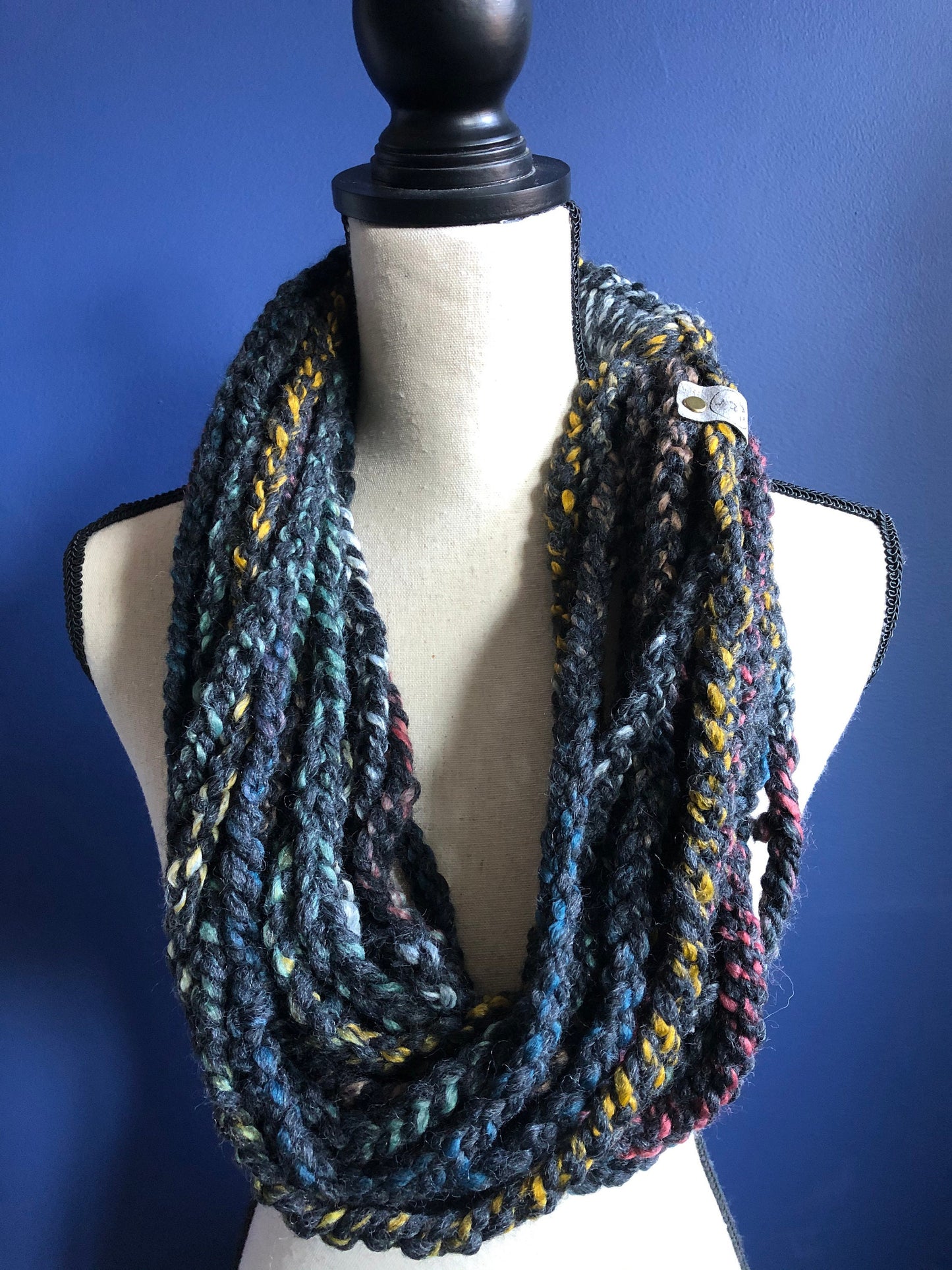 Black and multicolor Braided Scarf. Skinny Womens Scarf. Braided Chain Cowl. Black Womens Scarf.
