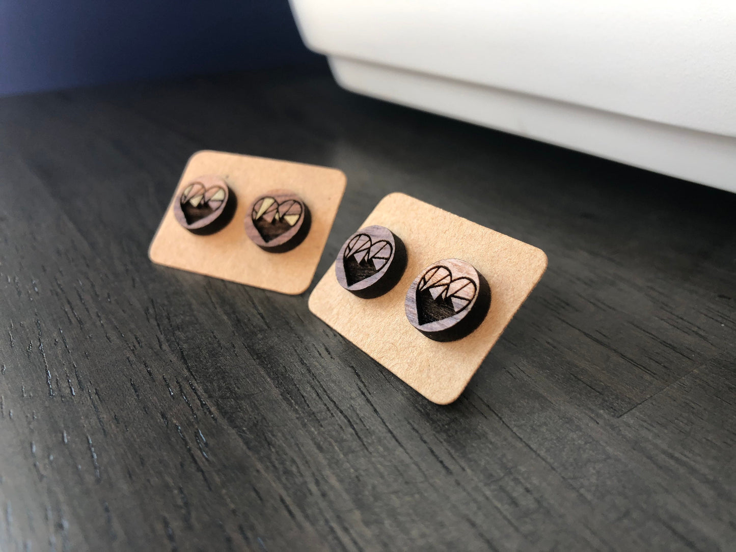 Valentines Day Geometric Heart Earrings. Wooden Engraved Earrings. Geo Heart Studs. Gift for Her. Laser Engraved Earrings. Birthday Gift.