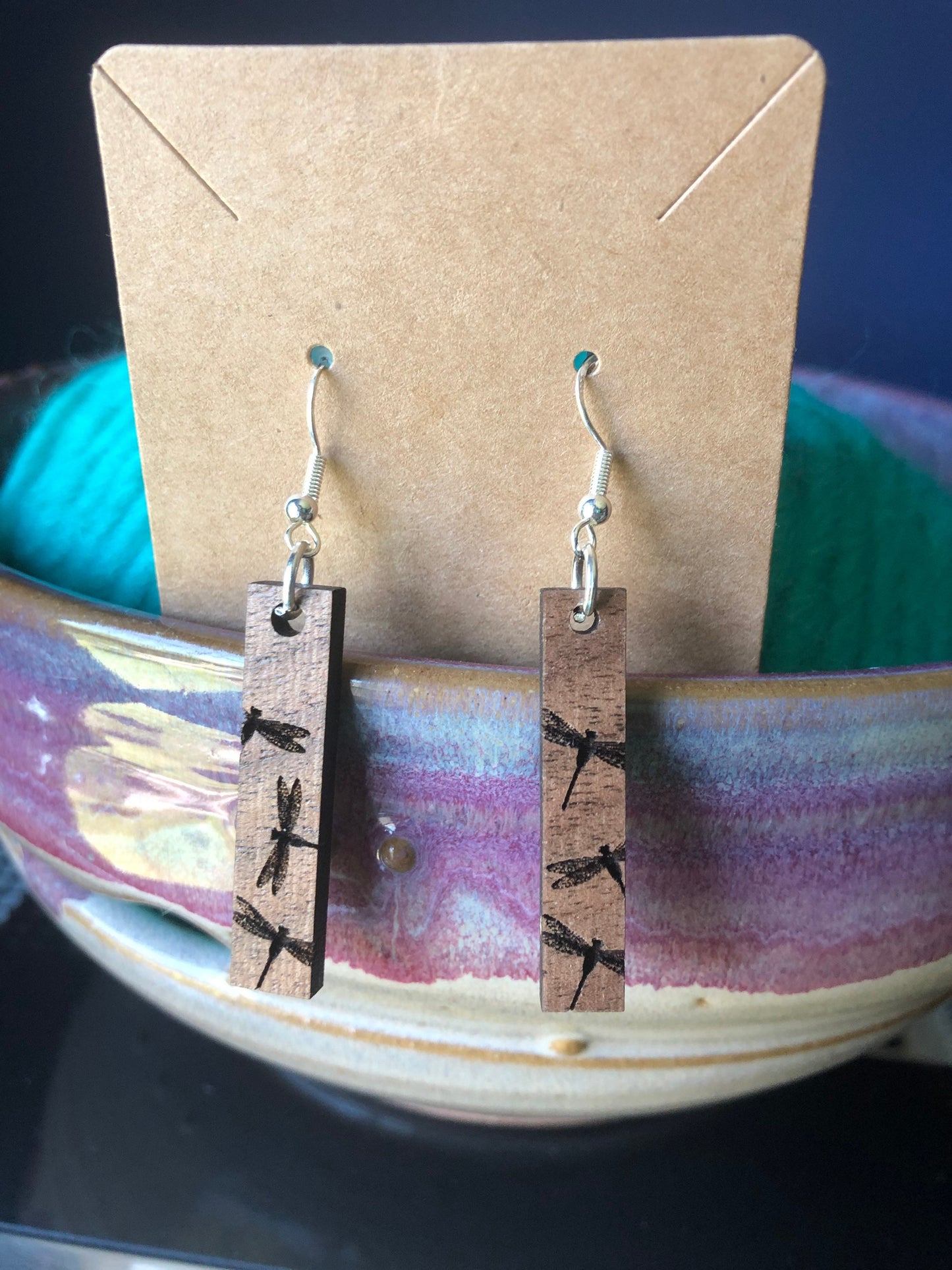 Dragonfly Engraved Earrings. Dragonflies Earrings. Wooden Dangle Earrings.