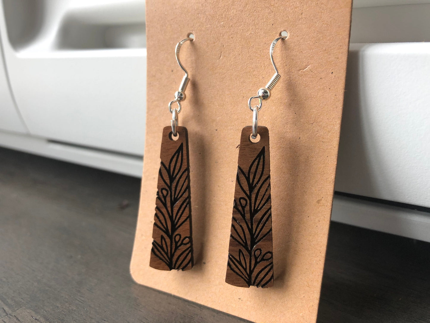 Laurel Leaf Engraved Wood Earrings. Leaf Earrings. Plant Lover Earrings.Laser Engraved Earrings. Anniversary or Birthday Gift. Gift for Her.