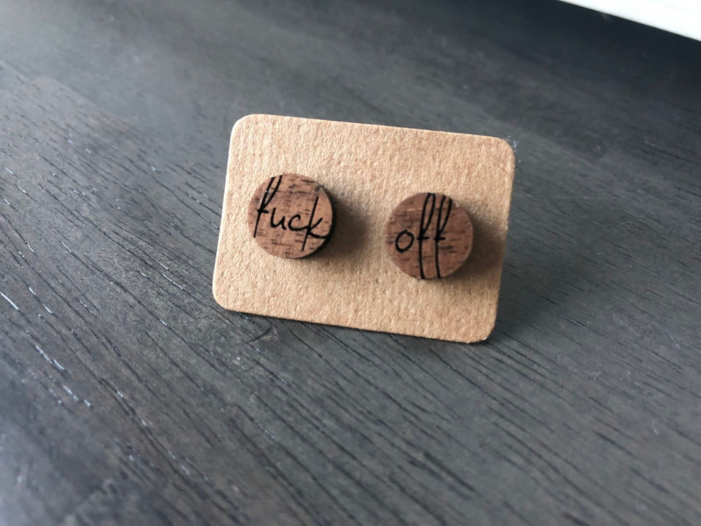 Fuck Off. Funny Adult Earrings. Wooden Earrings. Laser Engraved Wood Studs. Mature Humor Earrings.
