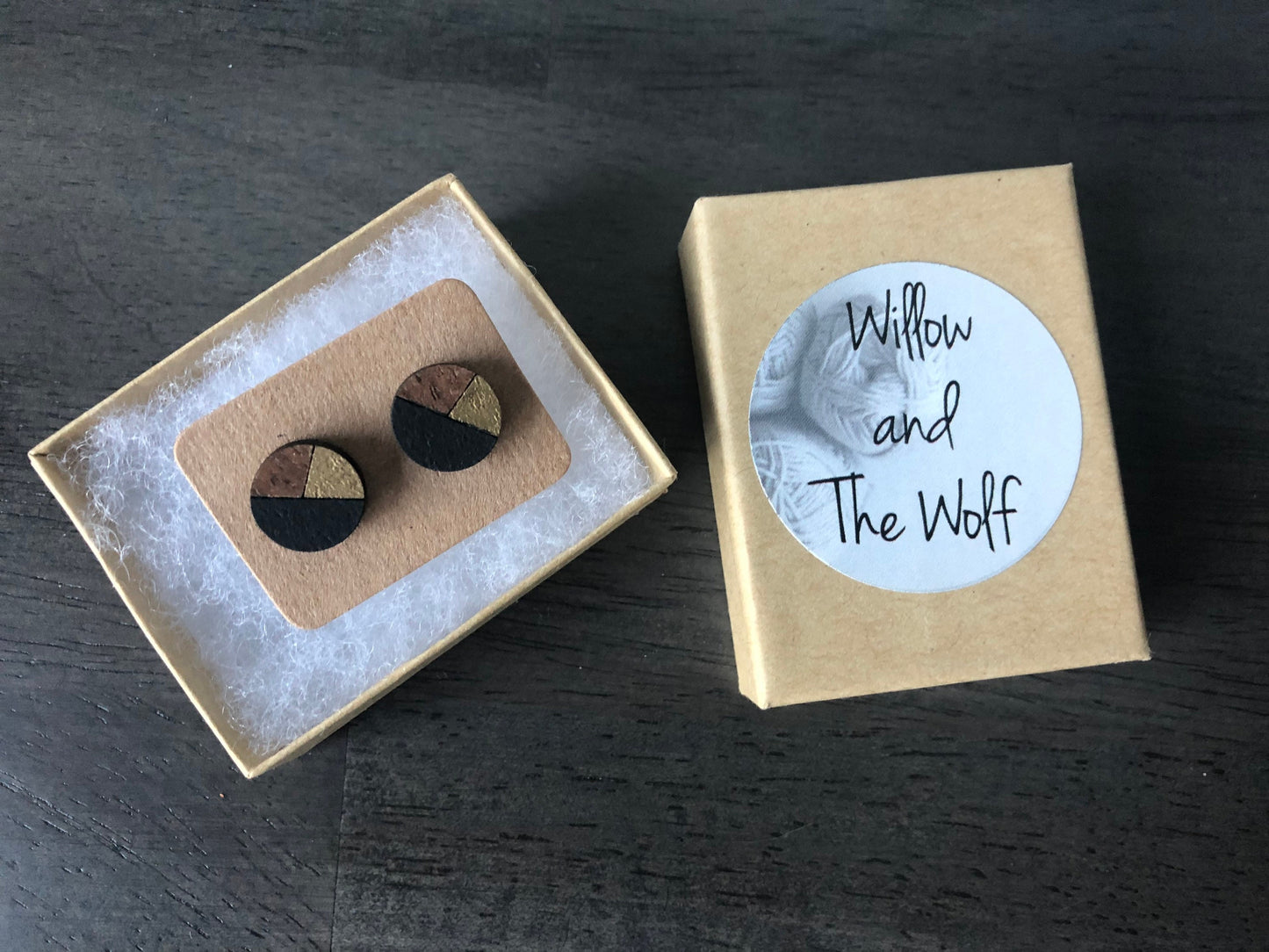 Black and Gold Geometric Circles. Wooden Stud Earrings. Geometric Jewelry.