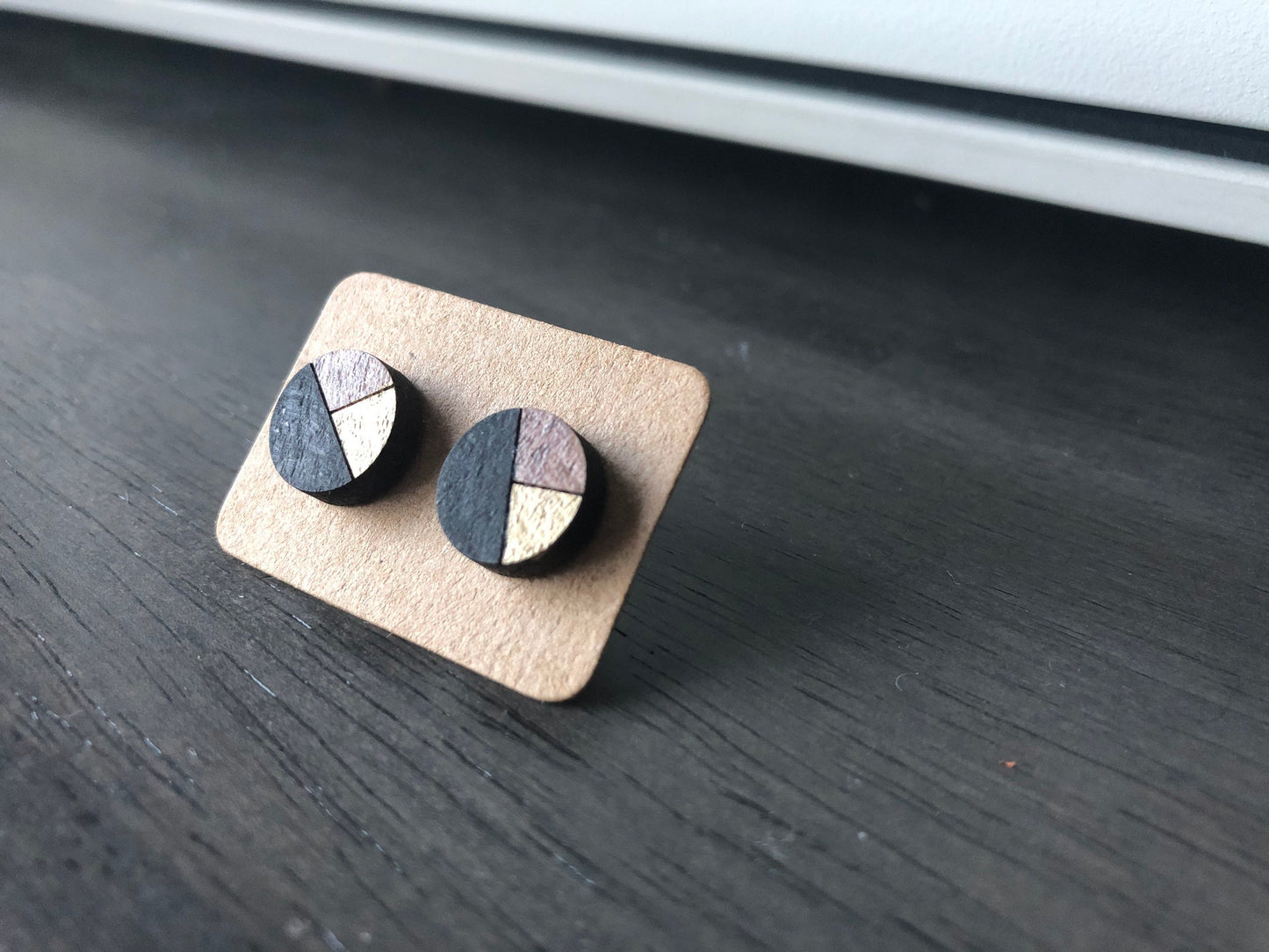 Black and Gold Geometric Circles. Wooden Stud Earrings. Geometric Jewelry.