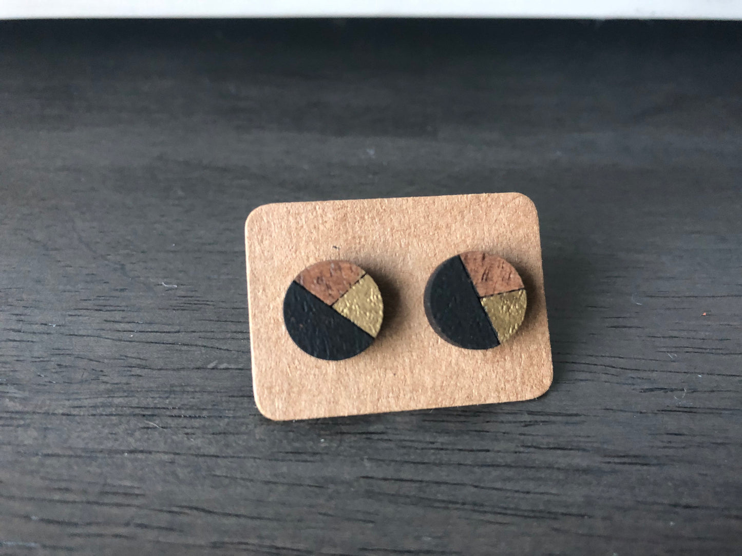 Black and Gold Geometric Circles. Wooden Stud Earrings. Geometric Jewelry.