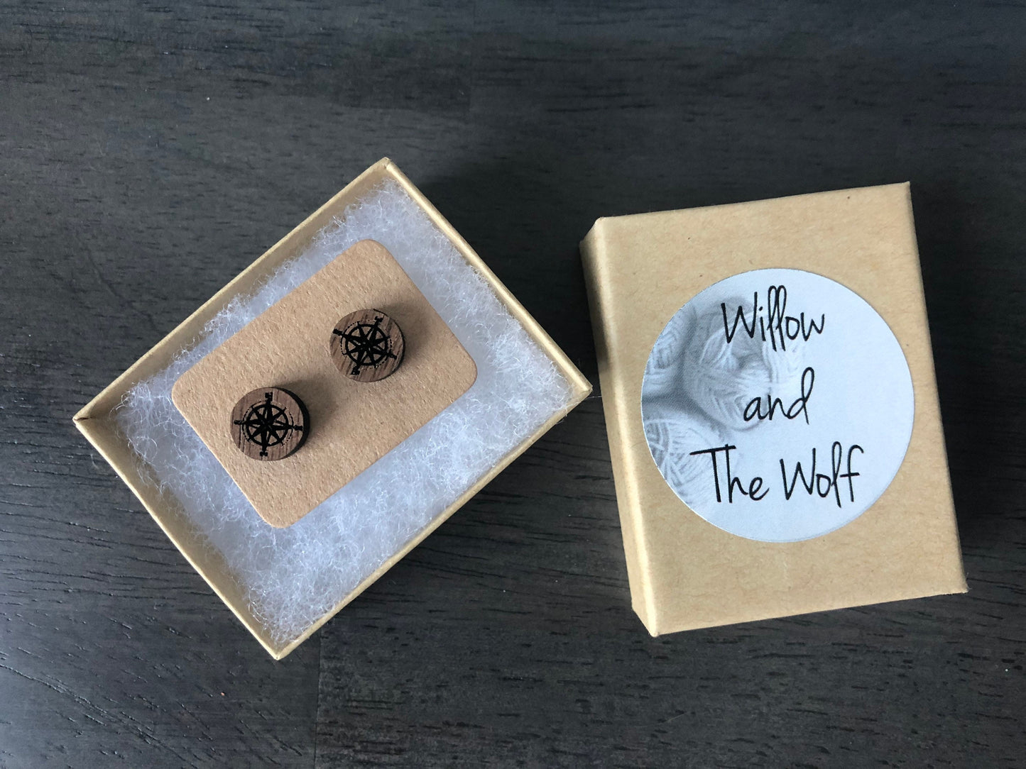 Compass Engraved Wood Studs. Wooden Earrings. Gifts for her. Nautical Earrings.
