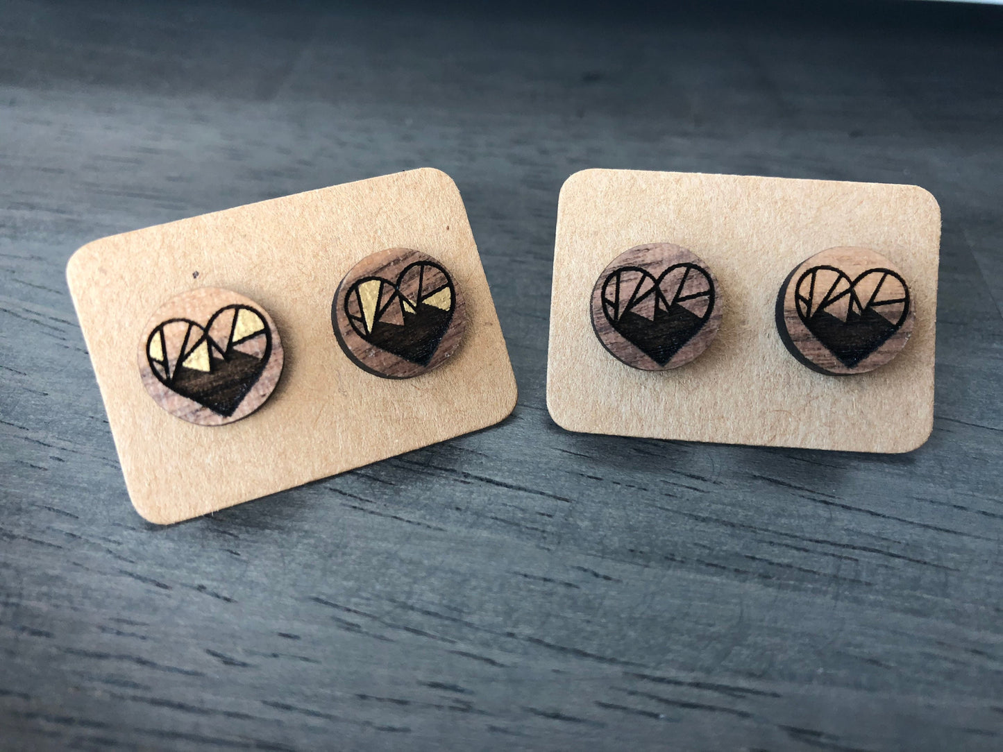 Valentines Day Geometric Heart Earrings. Wooden Engraved Earrings. Geo Heart Studs. Gift for Her. Laser Engraved Earrings. Birthday Gift.