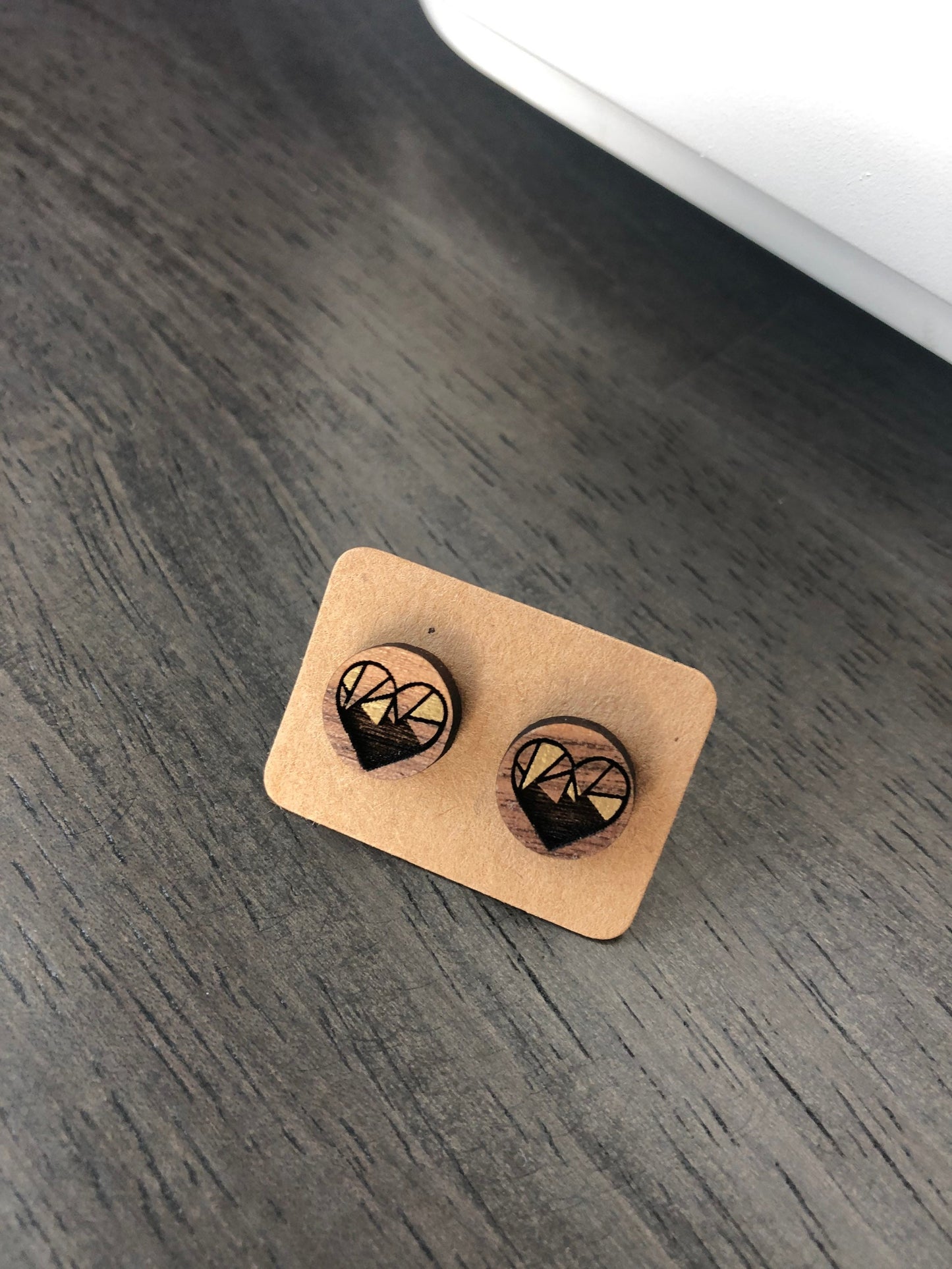 Valentines Day Geometric Heart Earrings. Wooden Engraved Earrings. Geo Heart Studs. Gift for Her. Laser Engraved Earrings. Birthday Gift.