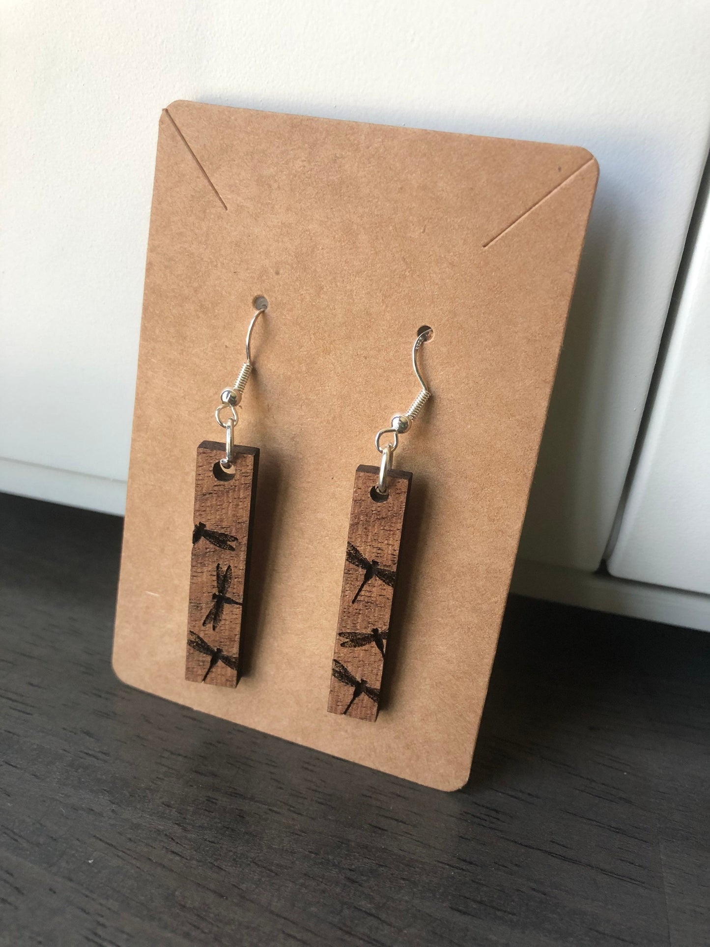 Dragonfly Engraved Earrings. Dragonflies Earrings. Wooden Dangle Earrings.