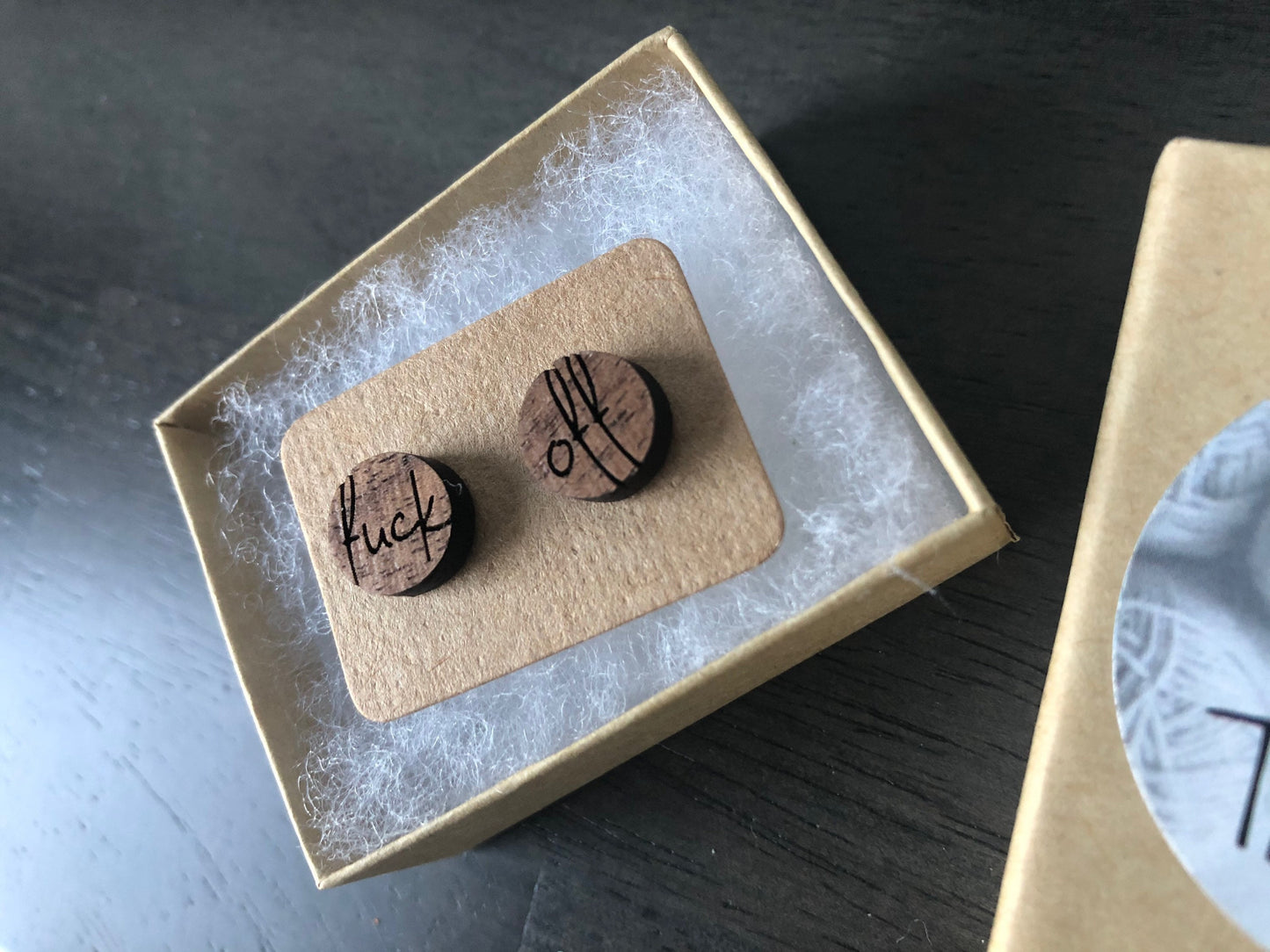 Fuck Off. Funny Adult Earrings. Wooden Earrings. Laser Engraved Wood Studs. Mature Humor Earrings.