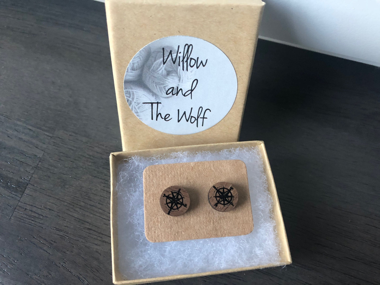 Compass Engraved Wood Studs. Wooden Earrings. Gifts for her. Nautical Earrings.