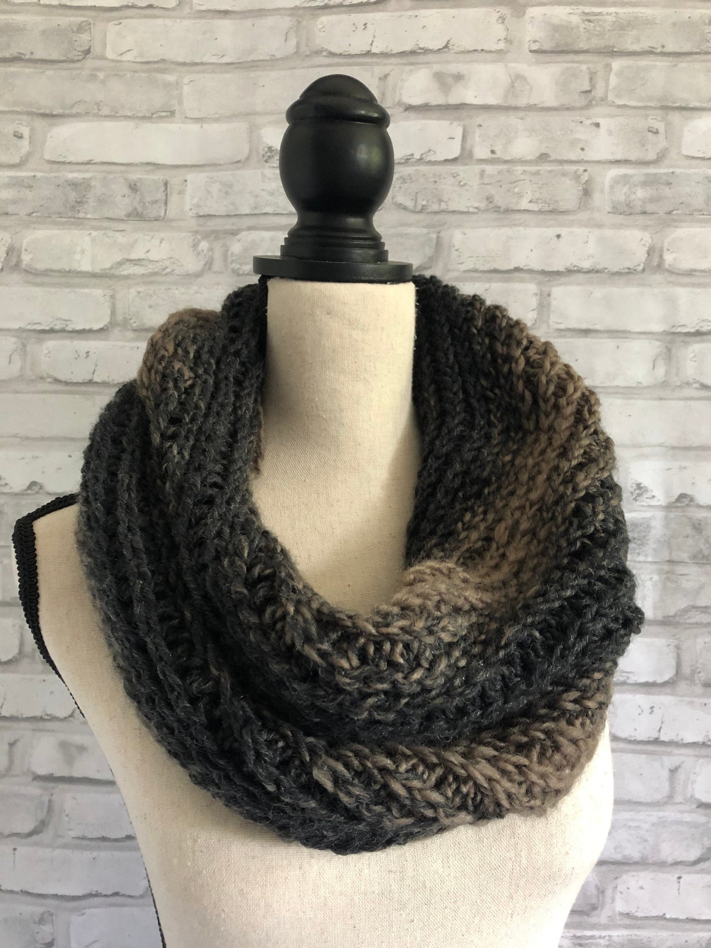 Mocha and Black Women's Chunky Infinity | Neutral Colored Women's Cowl | Black and Tan Knit Scarf | Crochet Infinity Cowl
