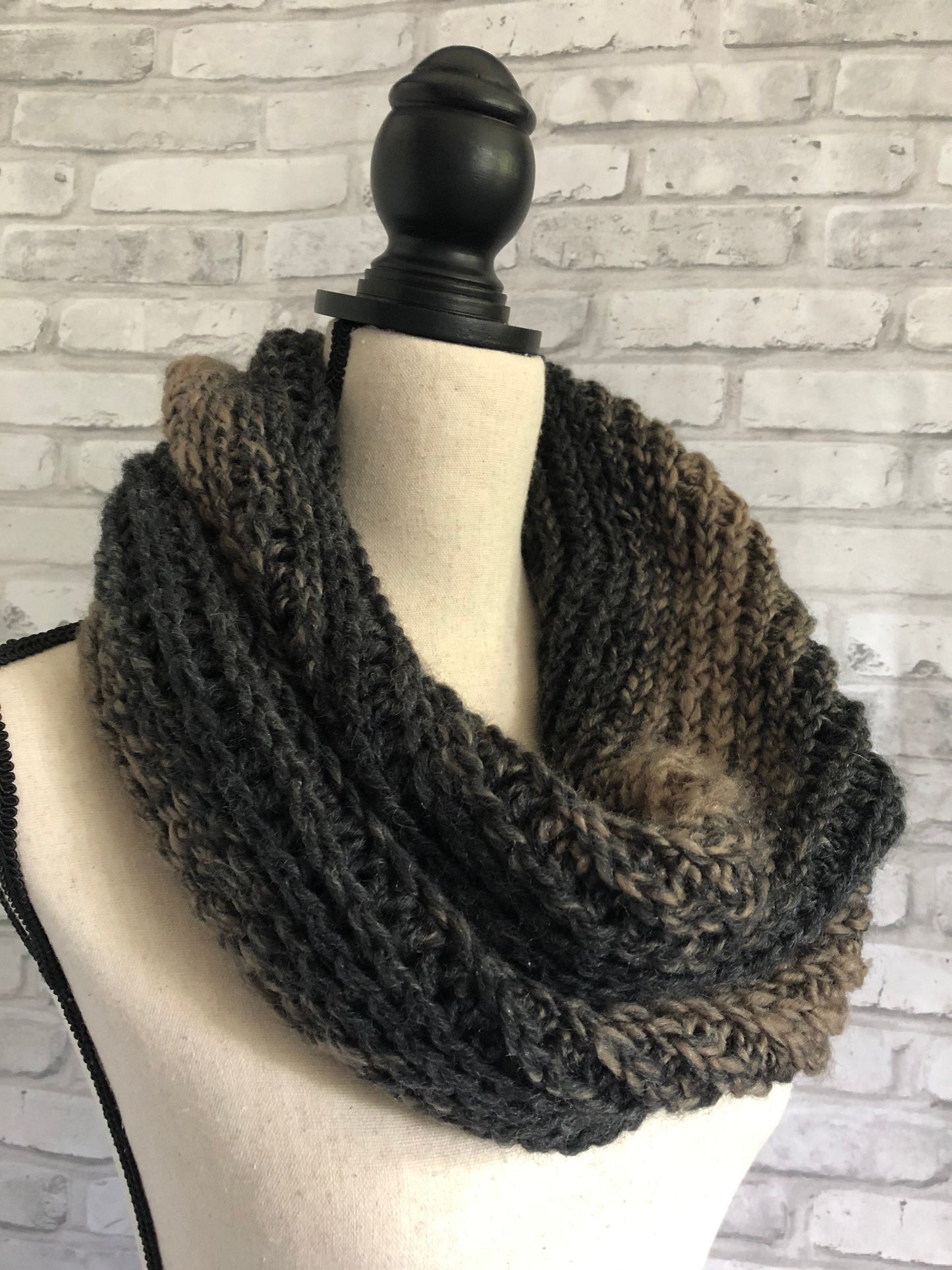 Mocha and Black Women's Chunky Infinity | Neutral Colored Women's Cowl | Black and Tan Knit Scarf | Crochet Infinity Cowl