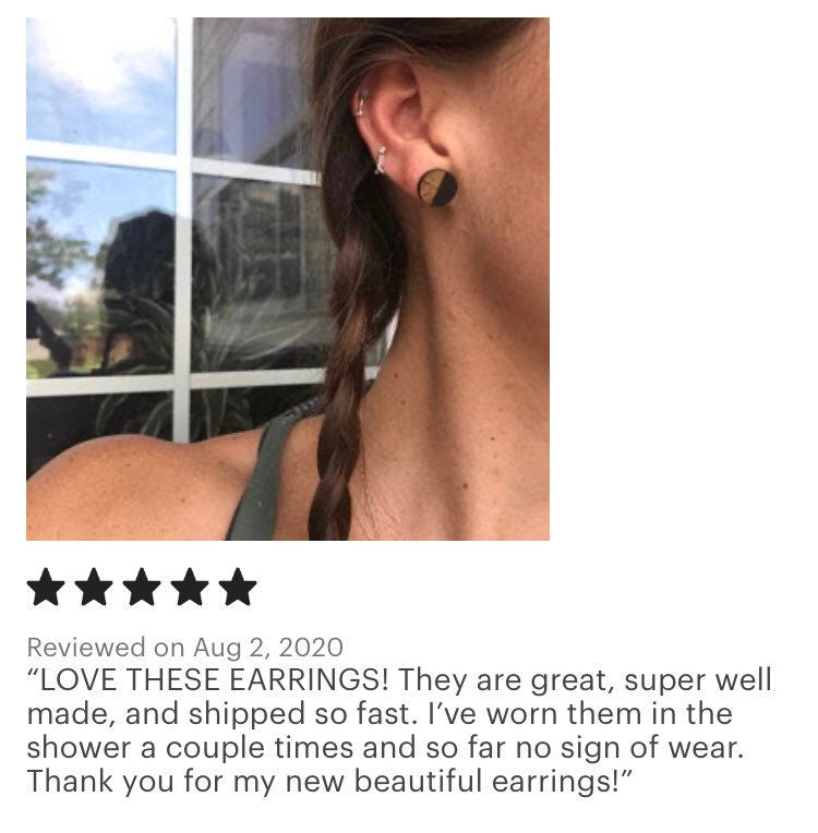 Black and Gold Geometric Circles. Wooden Stud Earrings. Geometric Jewelry.
