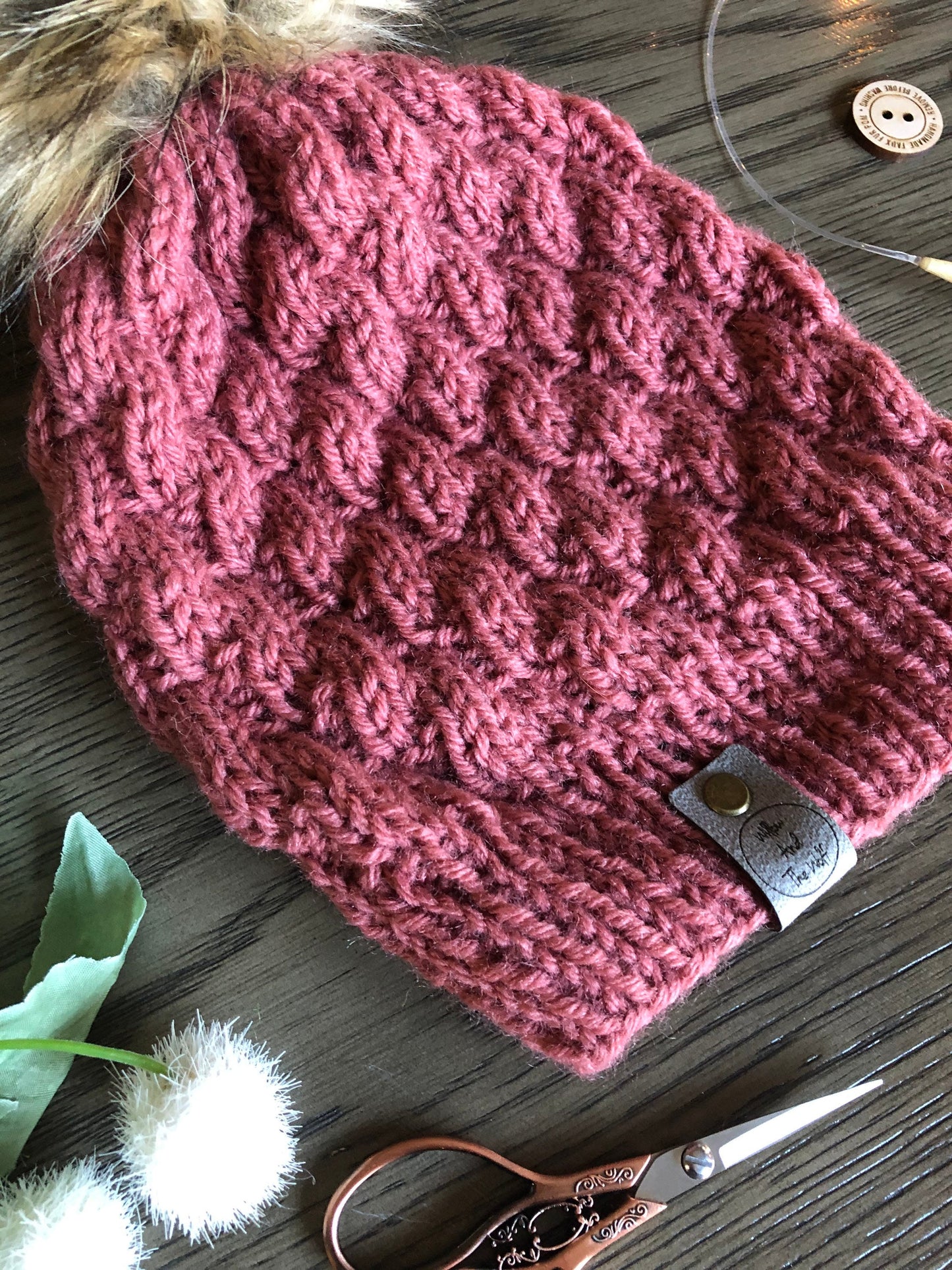 The Alpine Beanie. Women’s Knit Hat. Knit Beanie with Faux Fur Pom. Knitted Women’s Toque. Faux Pom Knit Hat.