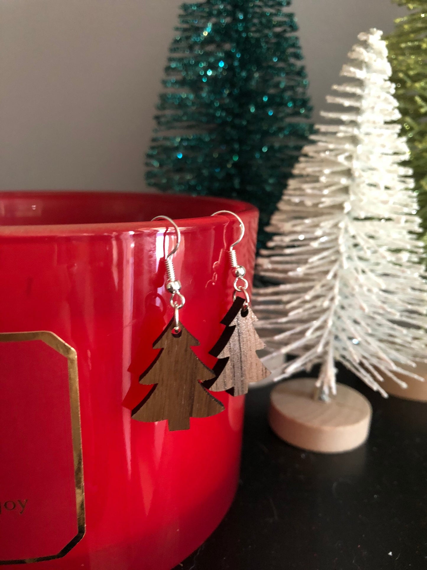 Christmas Tree Earrings. Holiday Earrings. Wooden Tree Earrings. Tree Dangle Earrings. Gifts for Her. Stocking Stuffer.