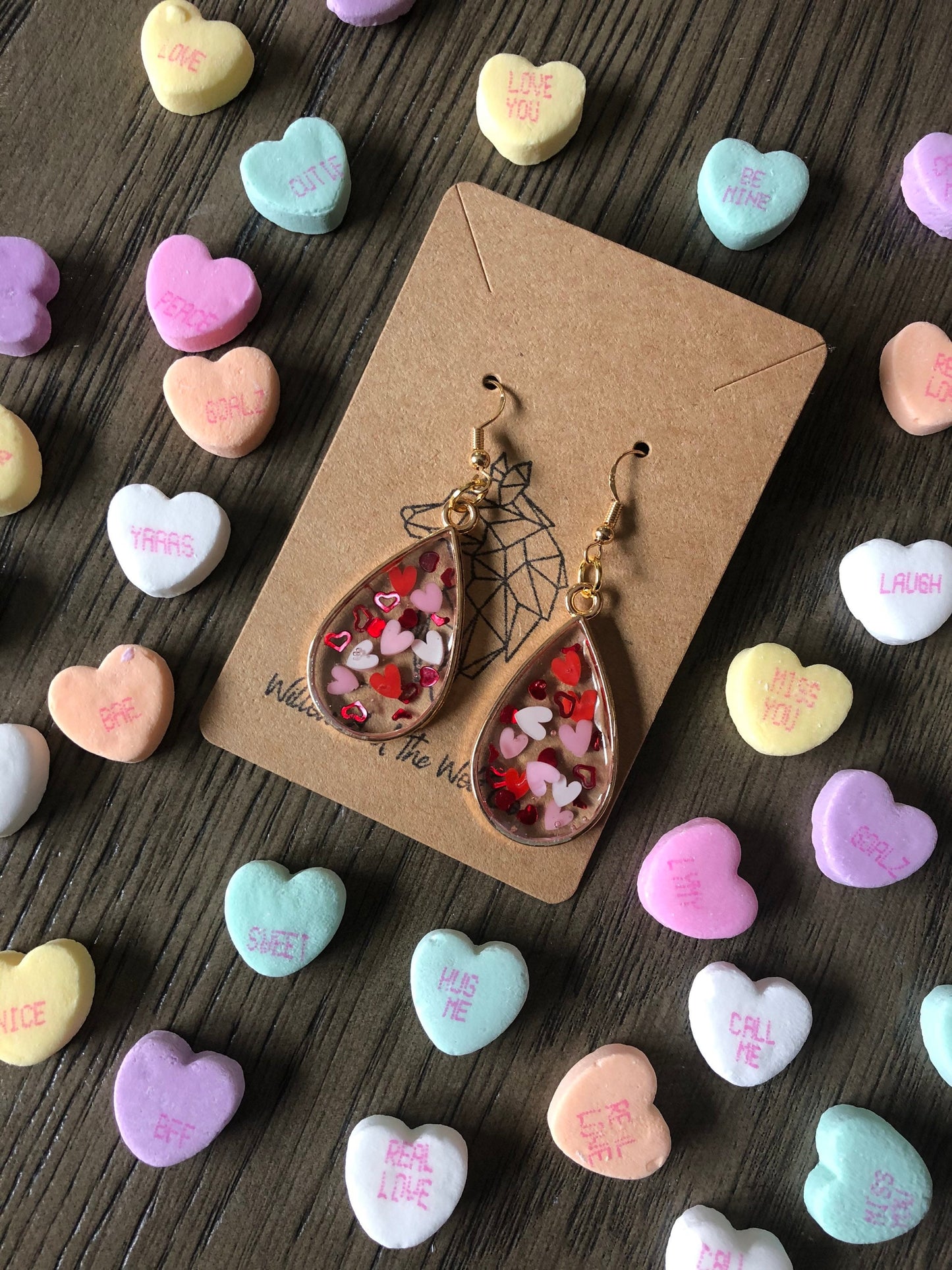 Valentines Day Earrings. Valentine Earrings. Heart Confetti Earrings. Gifts for her. Pink, Red, White Hearts. Resin and Gold Drop Earrings.