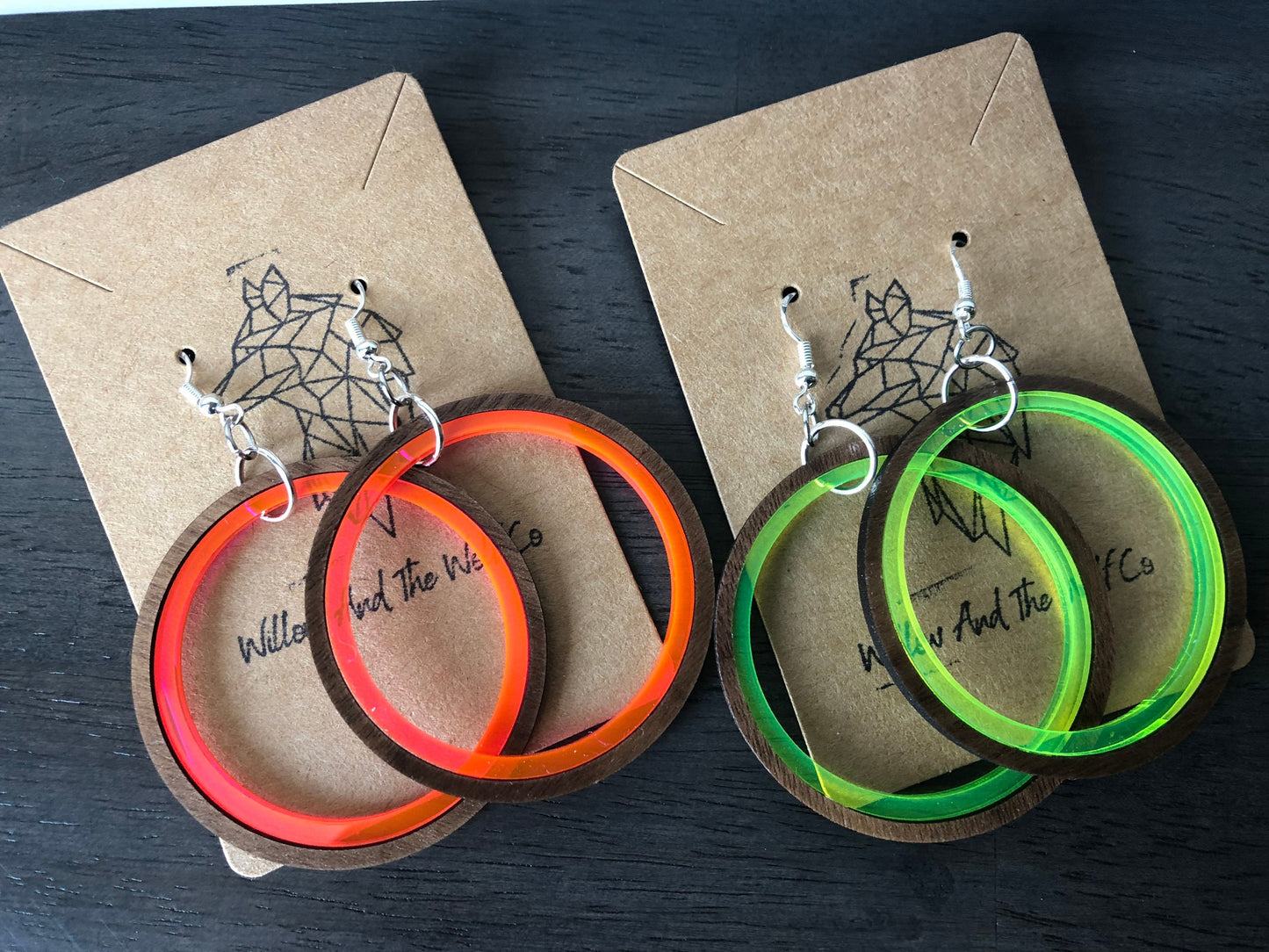 Neon Acrylic and Walnut Hoop Earrings. Indie Aesthetic. Indie Outfit. 90’s inspired Earrings. Fluorescent Pink and Neon Green Hoops.