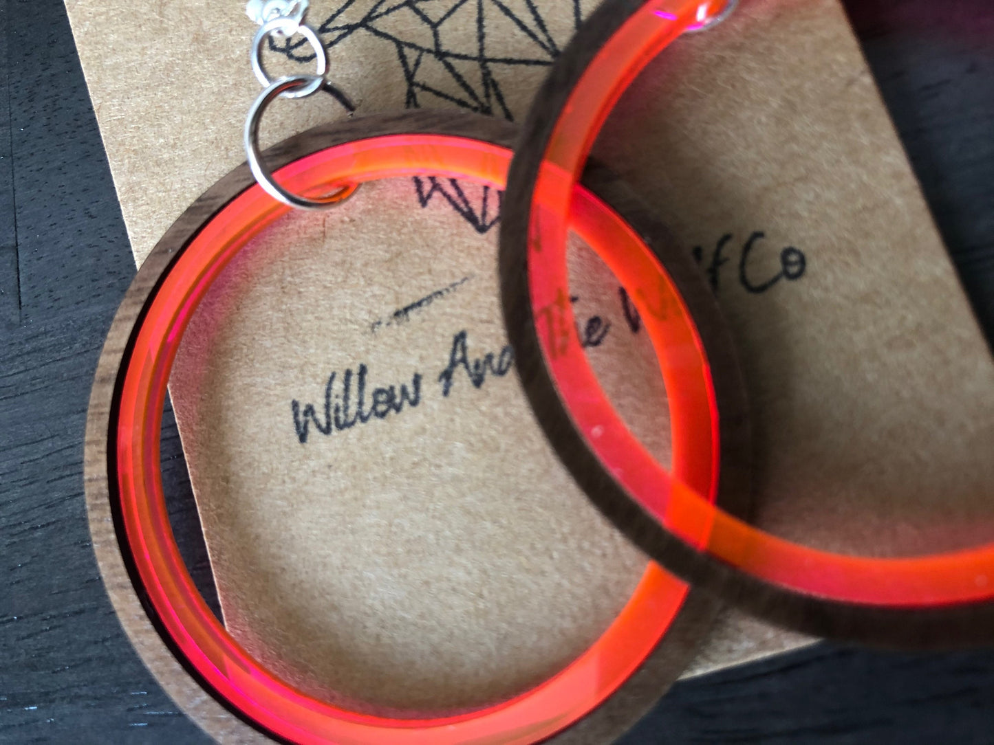 Neon Acrylic and Walnut Hoop Earrings. Indie Aesthetic. Indie Outfit. 90’s inspired Earrings. Fluorescent Pink and Neon Green Hoops.