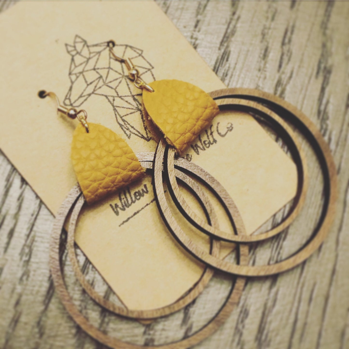 Double Wooden Hoop Earrings. Leather Hoop Earrings. Hoop earrings with leather tag.