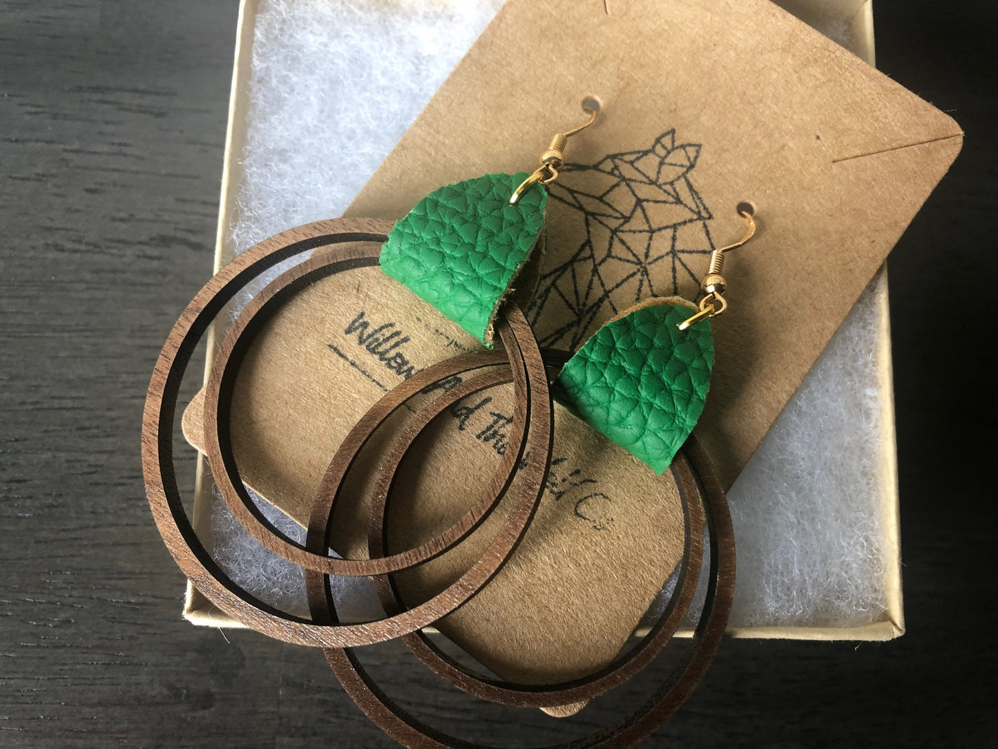 Double Wooden Hoop Earrings. Leather Hoop Earrings. Hoop earrings with leather tag.