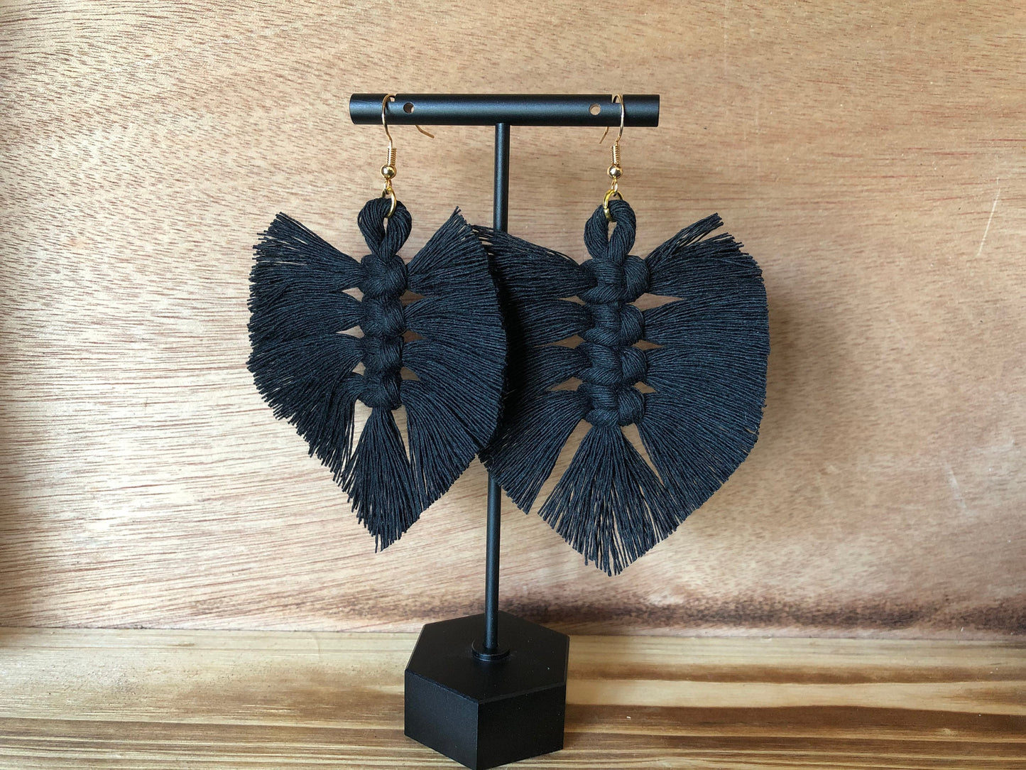 Black Macrame Feather Earrings. Black and gold earrings. Witchy Earrings. Halloween Earrings. Black Feathers.