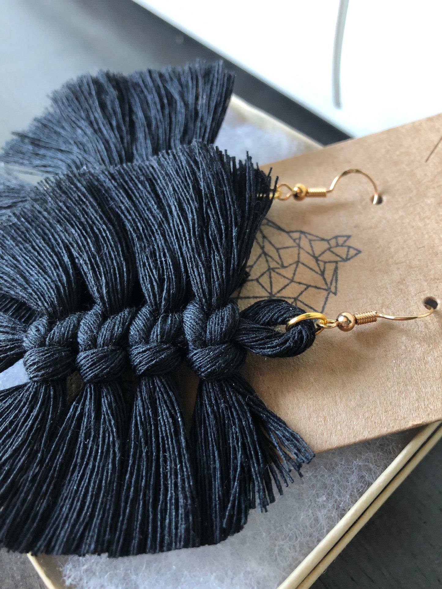 Black Macrame Feather Earrings. Black and gold earrings. Witchy Earrings. Halloween Earrings. Black Feathers.