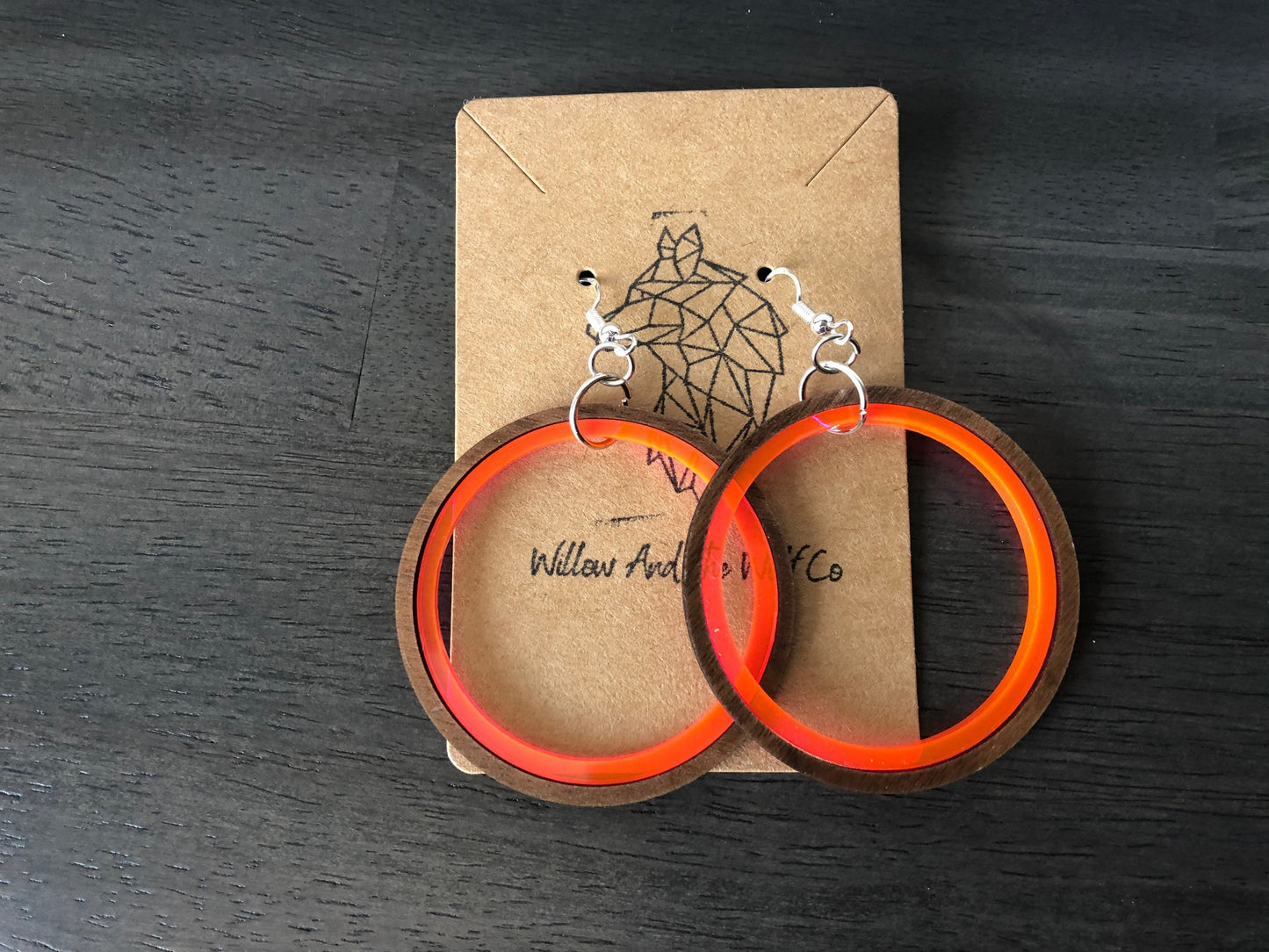 Neon Acrylic and Walnut Hoop Earrings. Indie Aesthetic. Indie Outfit. 90’s inspired Earrings. Fluorescent Pink and Neon Green Hoops.