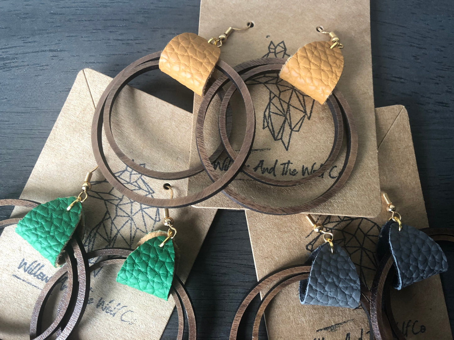Double Wooden Hoop Earrings. Leather Hoop Earrings. Hoop earrings with leather tag.