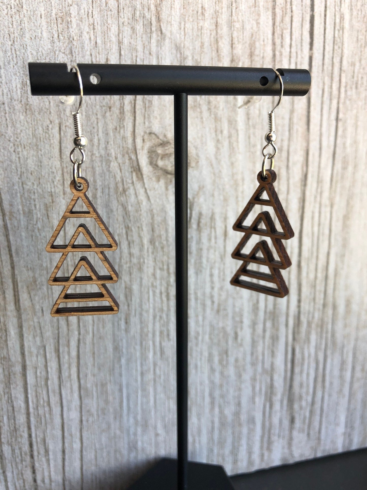 Geometric Triangle Dangle Earrings. Minimalist Triangle Drop Earrings. Laser Cut Walnut Triangle Earrings.