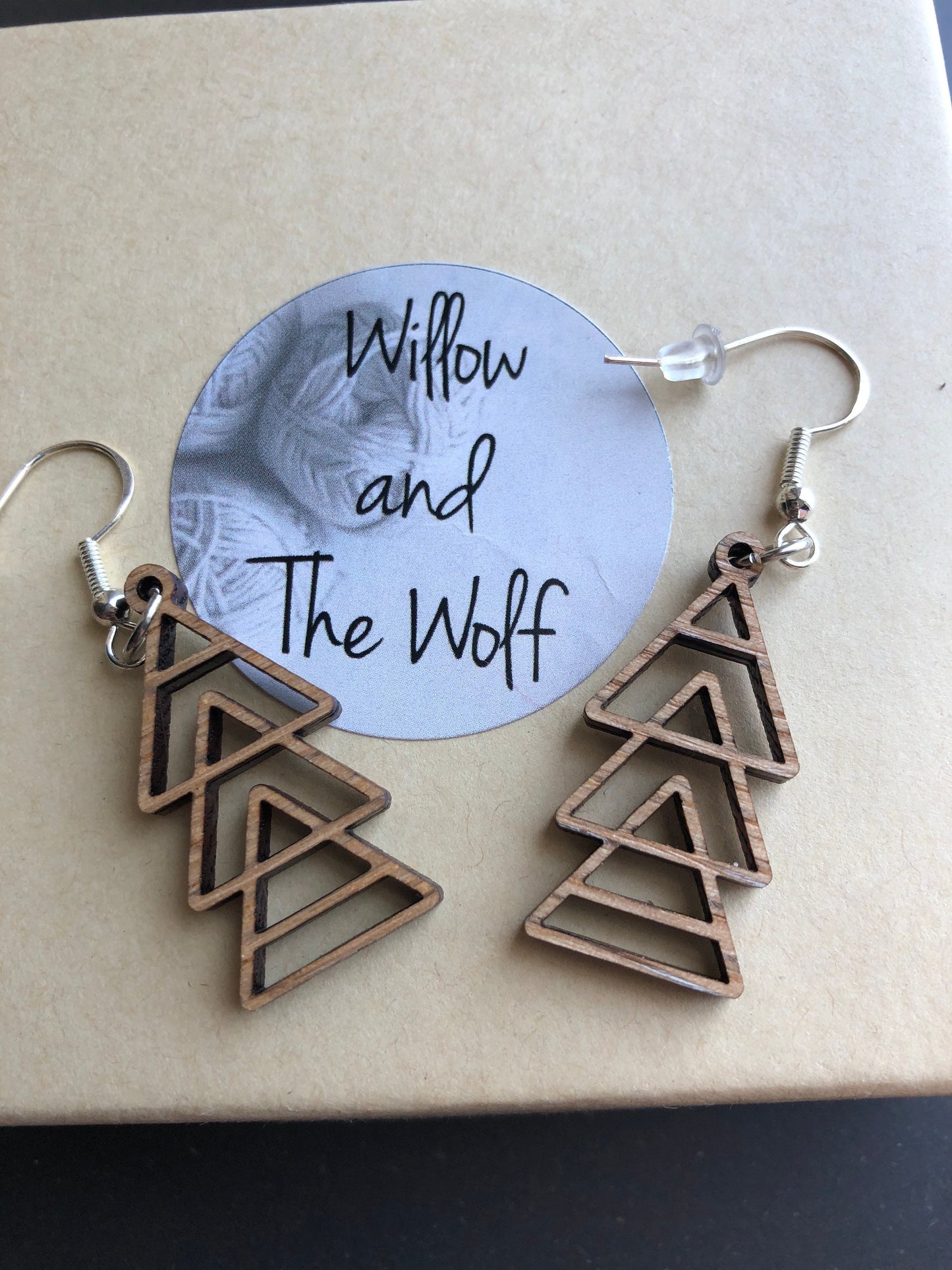Geometric Triangle Dangle Earrings. Minimalist Triangle Drop Earrings. Laser Cut Walnut Triangle Earrings.