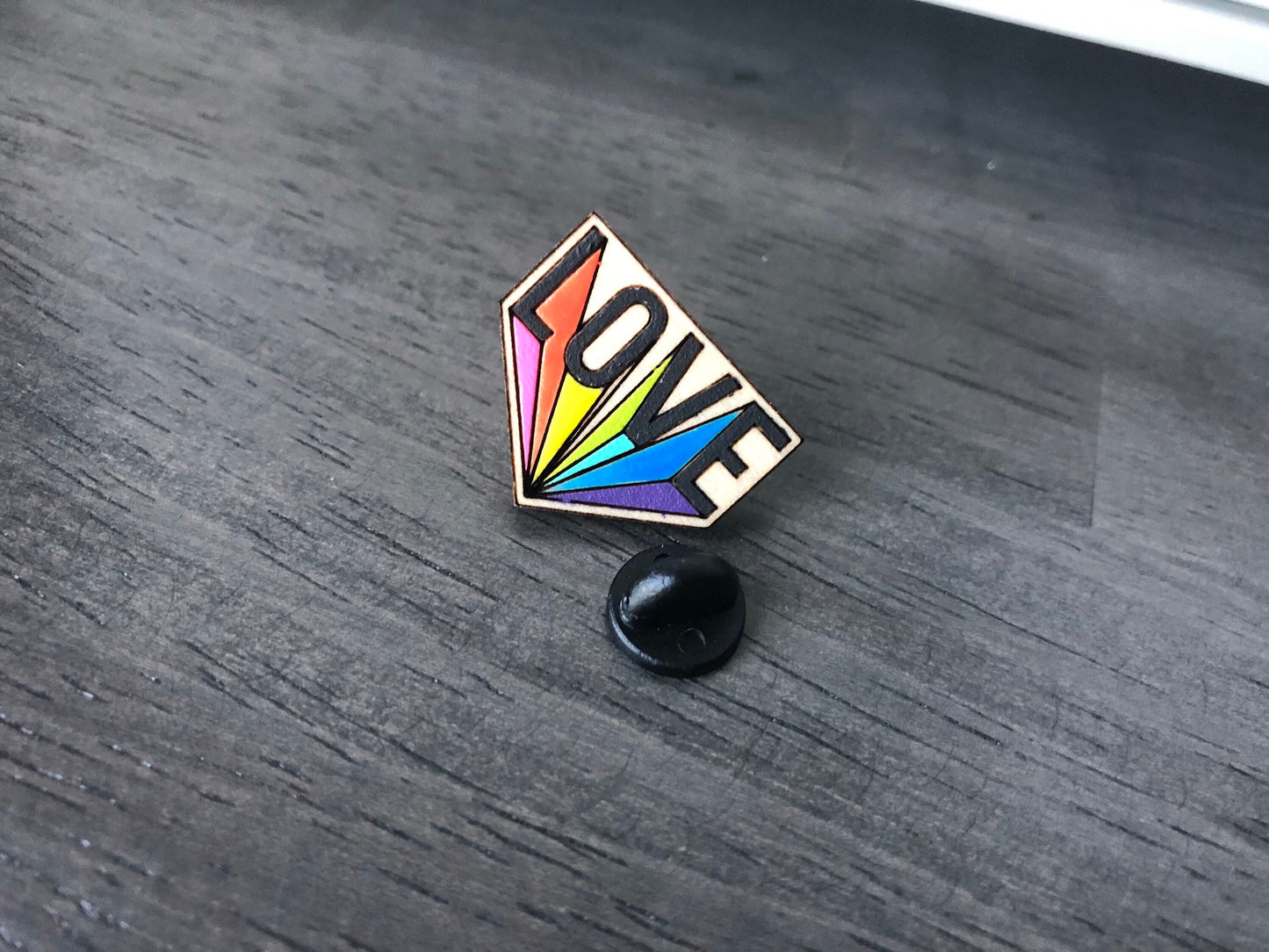 Rainbow Love Pride Pin. Pride Month. Love is Love. Wooden Engraved Pin. Rainbow Pin. LGBTQ Pride. Lapel Pin. Backpack Pin.