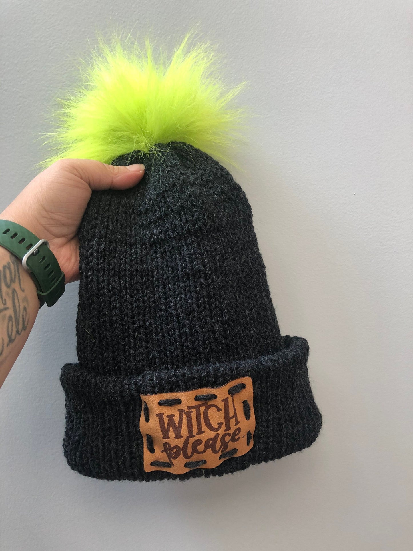 Witch Please Halloween Beanie. Knit Pom Beanie. Halloween Toque with detachable Pom. Basic Witch.