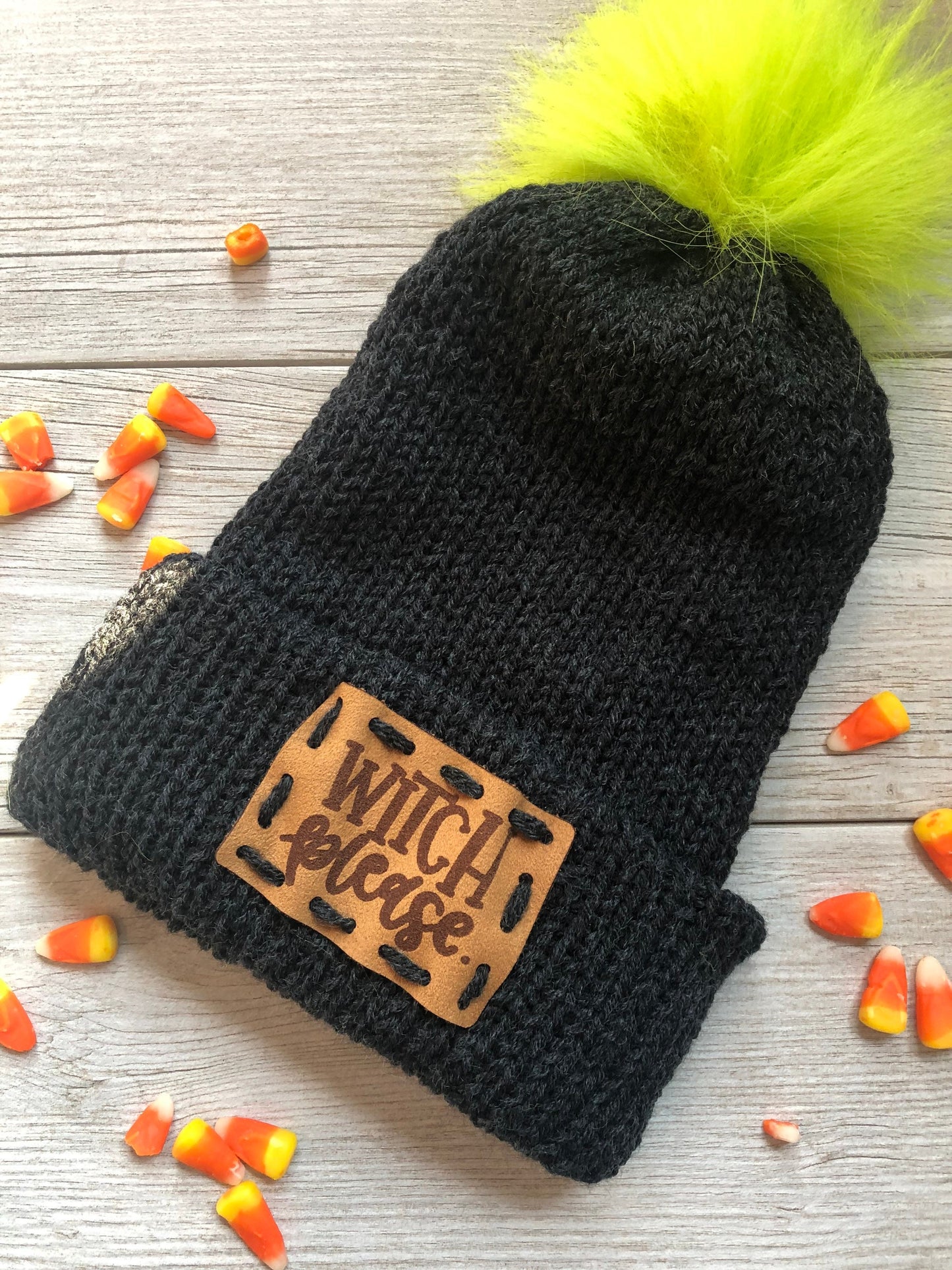 Witch Please Halloween Beanie. Knit Pom Beanie. Halloween Toque with detachable Pom. Basic Witch.
