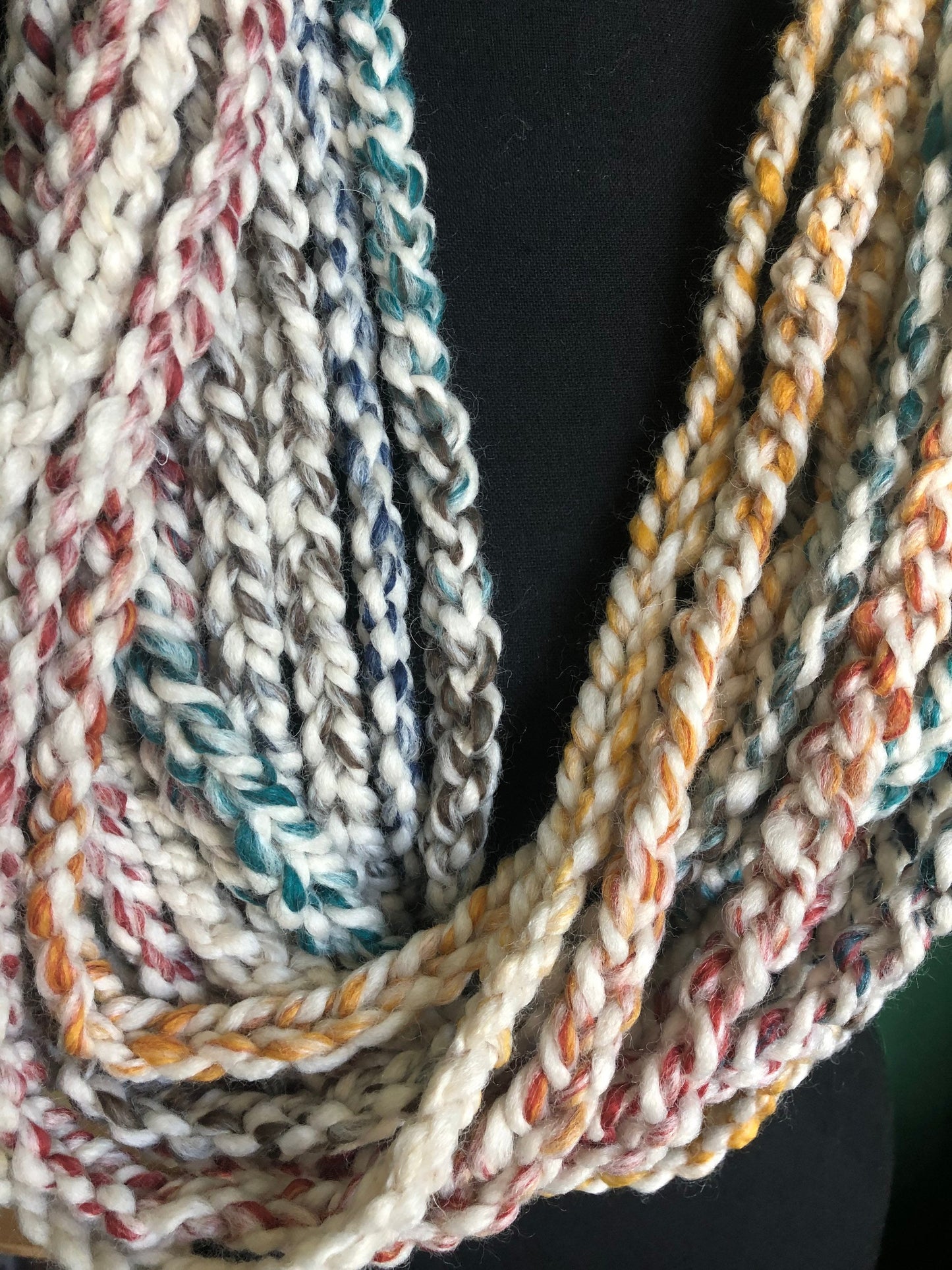 Multicolor Knit Scarf. Skinny Accent Scarf. Braided Chain Cowl. Women’s knit scarf.