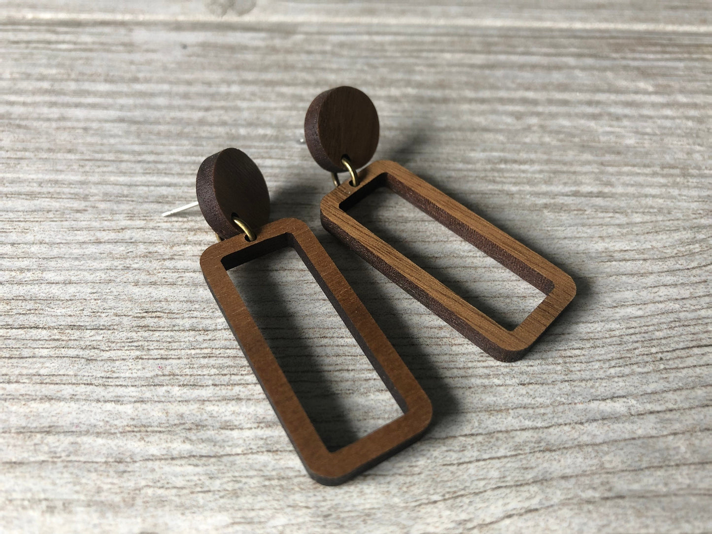 Wood Stud Circle and Rectangle Dangle Earrings. Gift for Her. Geometric Jewelry. Simplistic Drop Earrings. Modern Simplistic Design Earrings