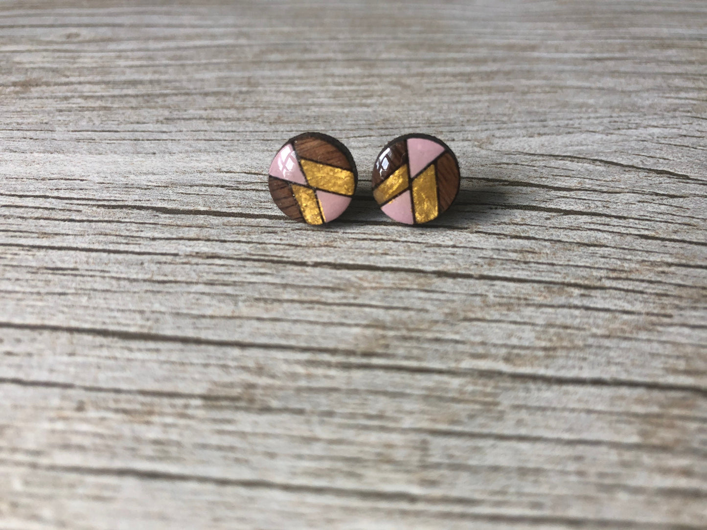 Geometric Circle Stud Earrings. Blush and Gold. Grey and Gold. Navy and Gold. Laser Cut Wood Studs.