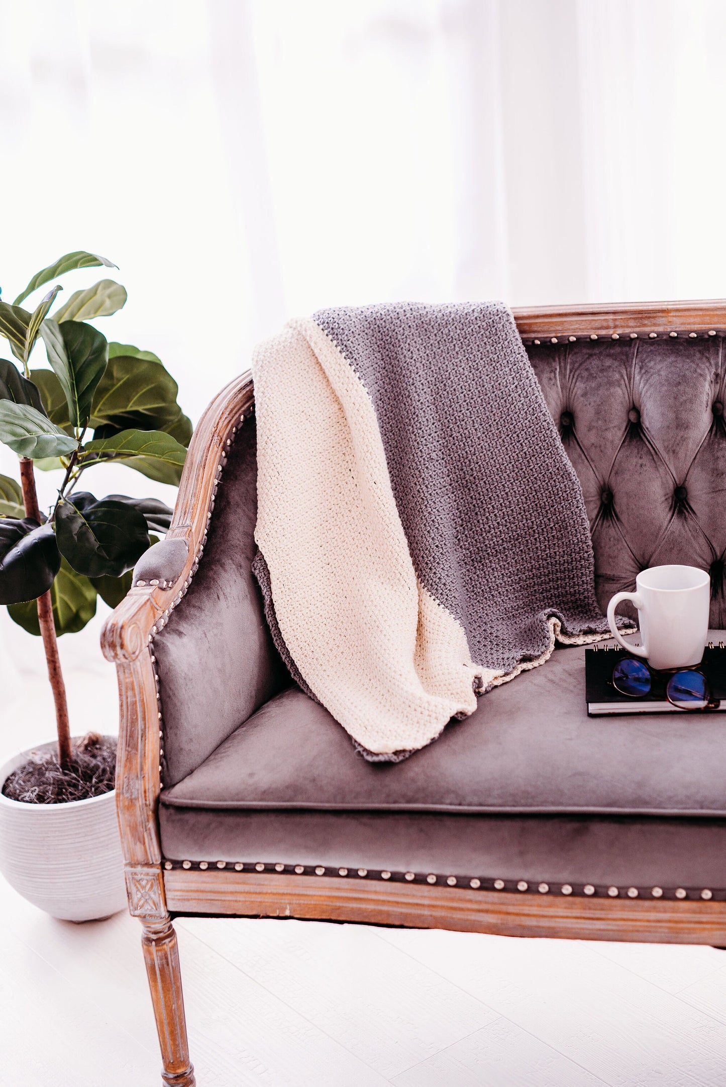 Color Block Throw Blanket. Neutral Throw. Grey and Cream Blanket. Granny Core Bedroom