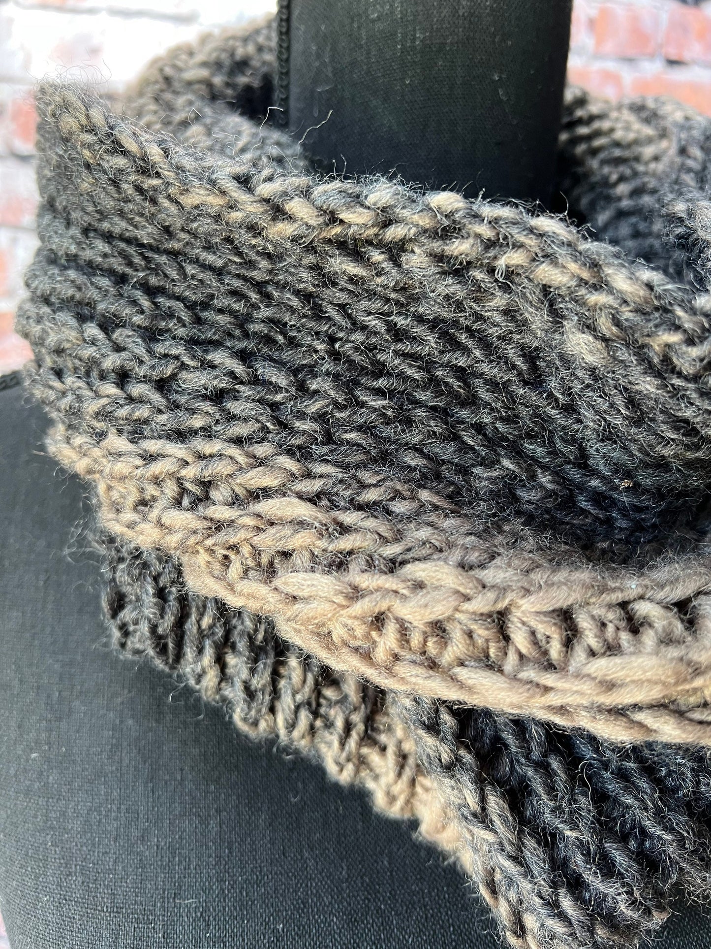 Mocha and Black Women's Chunky Infinity | Neutral Colored Women's Cowl | Black and Tan Knit Scarf | Crochet Infinity Cowl