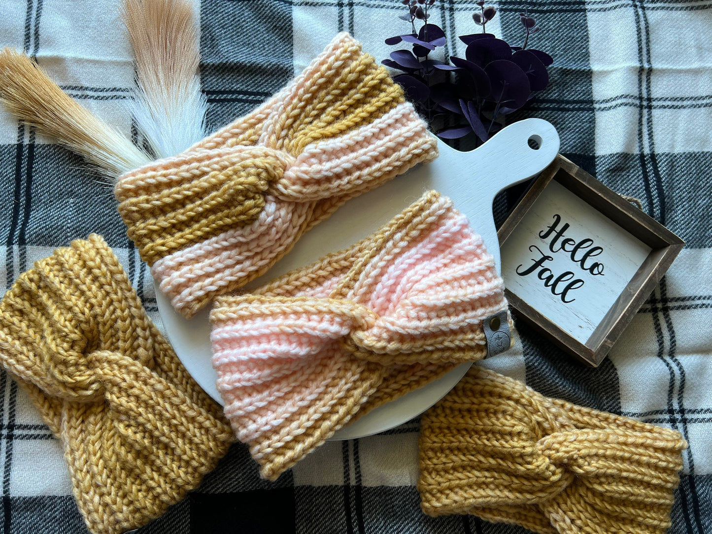 Ava Earwarmer Knit Headband. Women’s Knit Earwarmer. Blush and Gold Winter Headband.