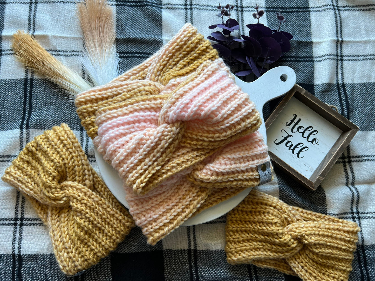 Ava Earwarmer Knit Headband. Women’s Knit Earwarmer. Blush and Gold Winter Headband.