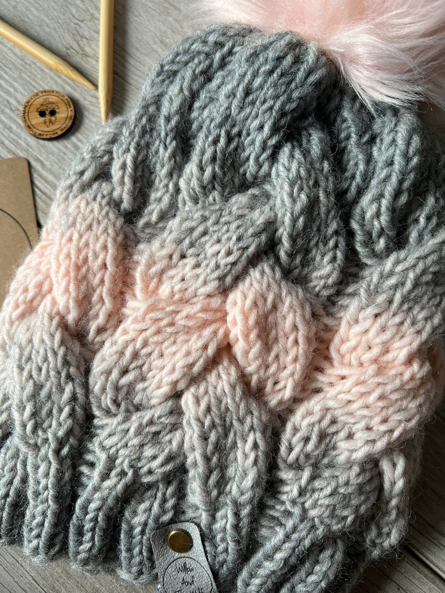 Pink and Grey Knit Braided Cable Beanie. Ombré Knit Hat. Women’s Knitted Toque.