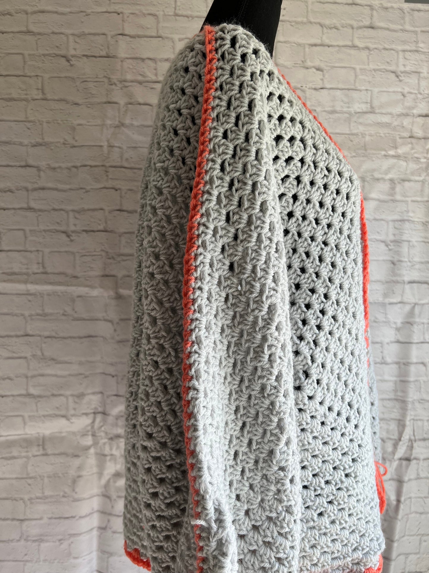 Light Grey and Coral Hexagon Cardigan. Granny Square Cardigan.