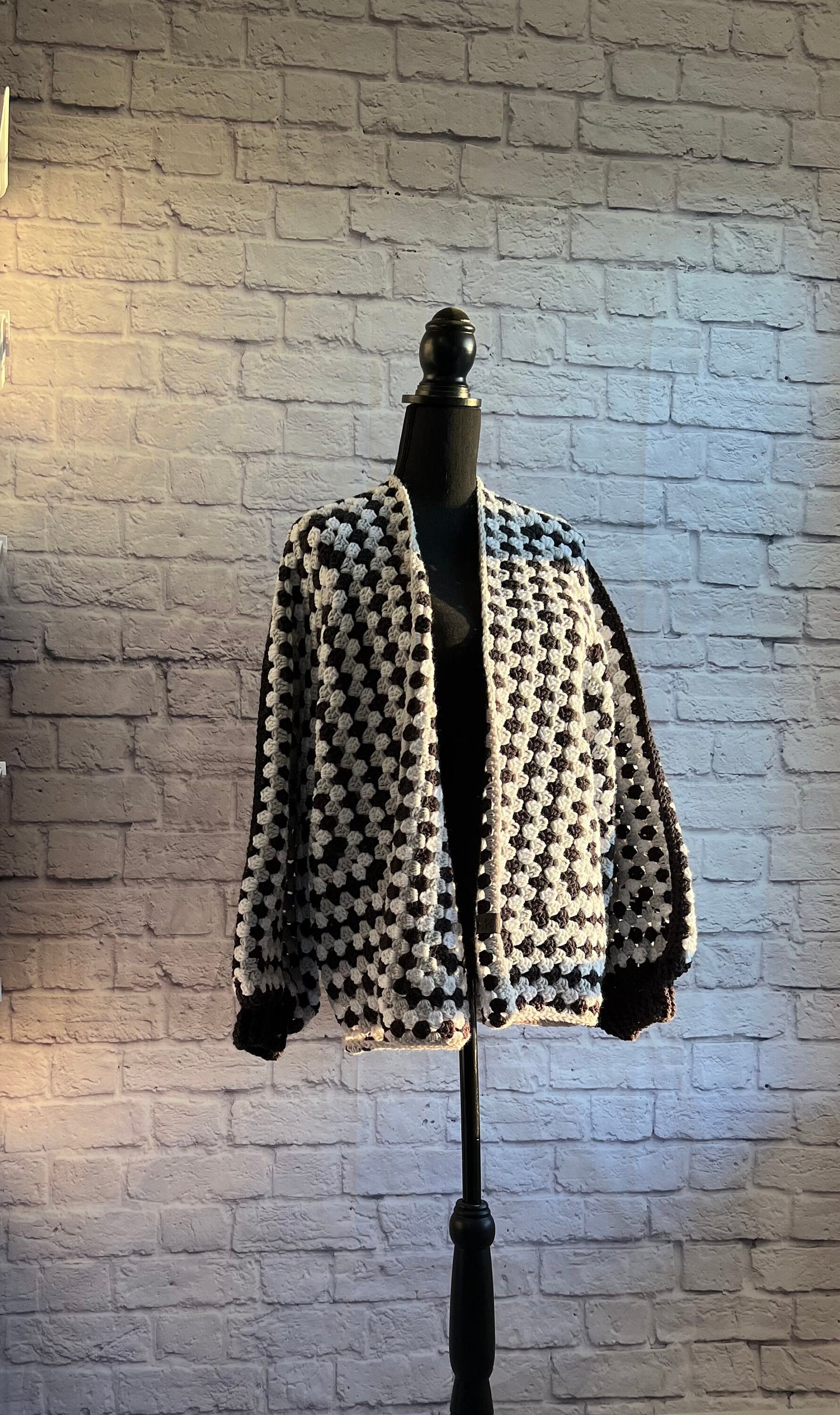 Black, Grey and White Hexi Cardigan. Granny Square Jacket. Cookies and Cream Woman’s Cardigan. Neutral Knit Sweater. Unisex Sweater