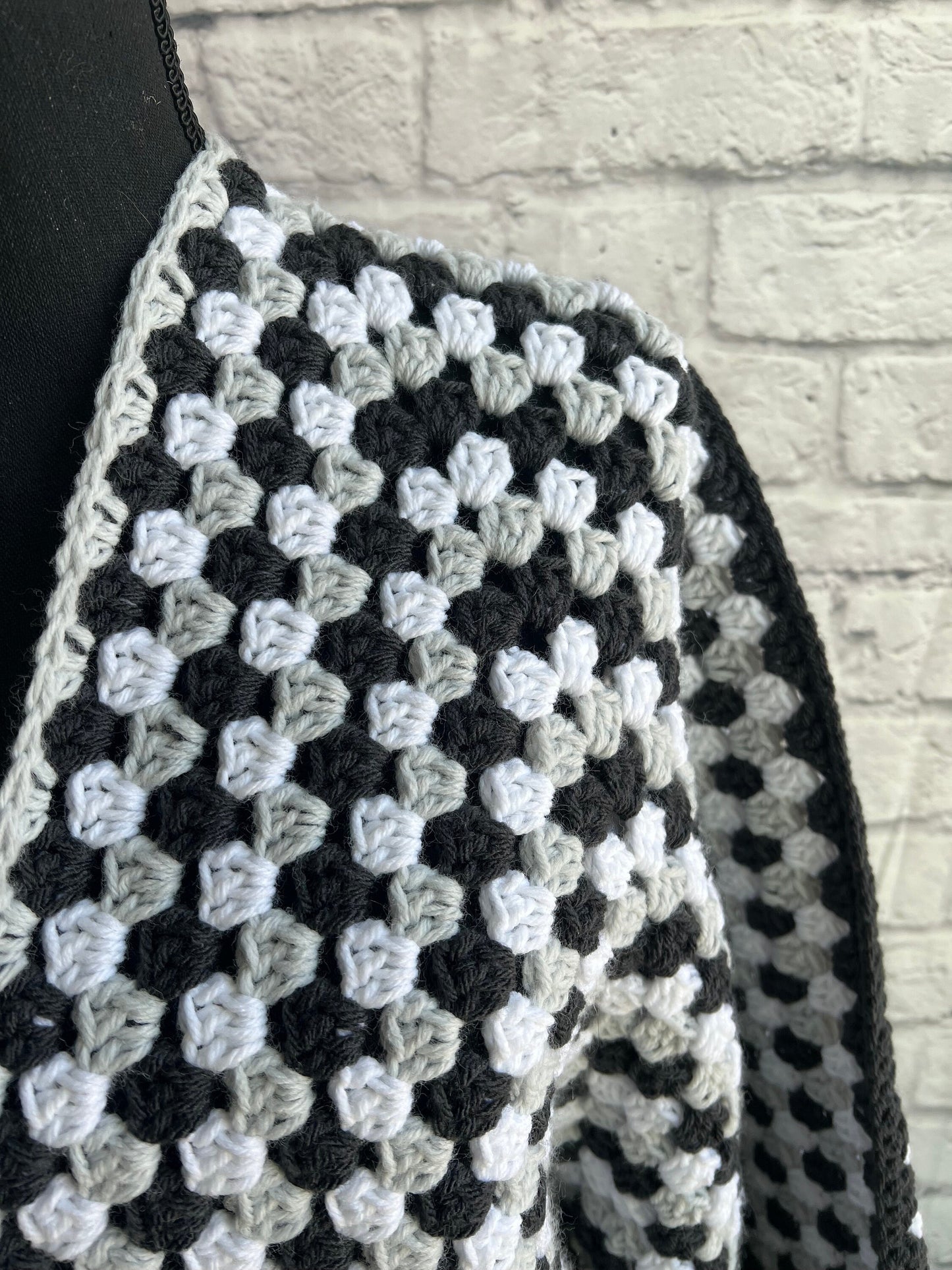 Black, Grey and White Hexi Cardigan. Granny Square Jacket. Cookies and Cream Woman’s Cardigan. Neutral Knit Sweater. Unisex Sweater